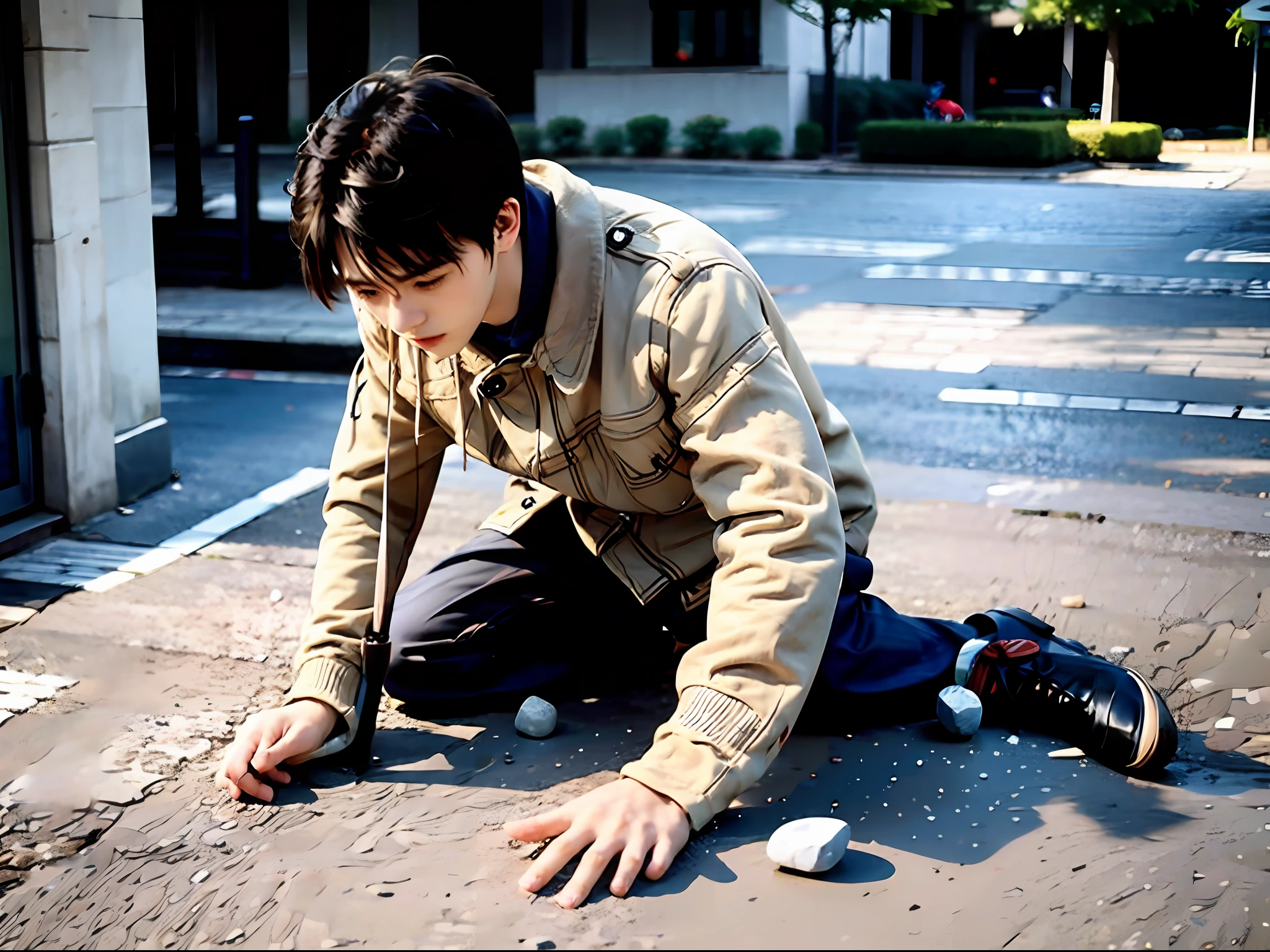 1boys,Alone on the doorstep,Pick up stones on the ground。