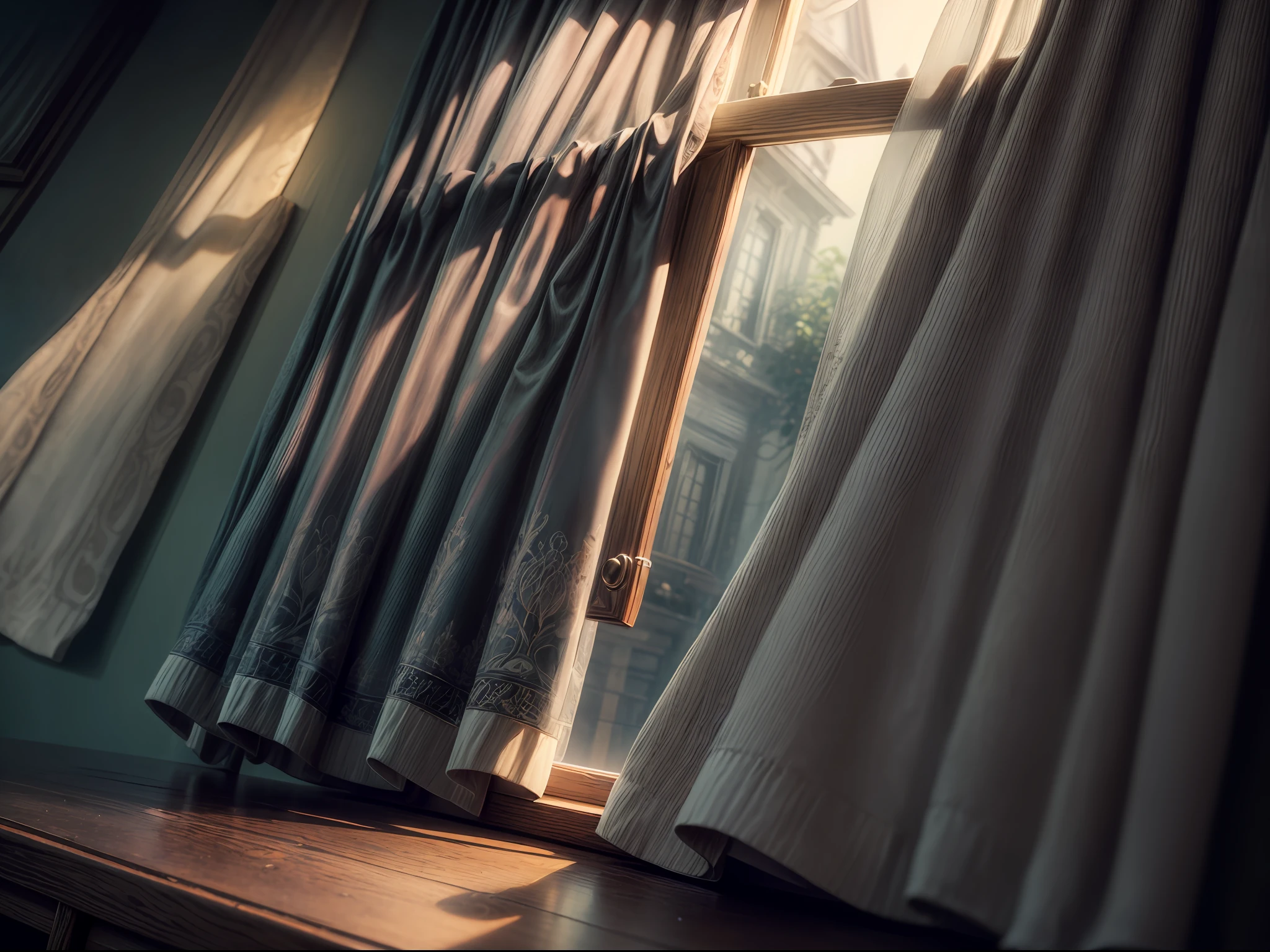 (ultra-detailed CG unity 8k wallpaper,masterpiece, best quality, depth of field, HDR, intricate), ((no human)), A serene atmosphere, curtains lightly blowing in the breeze, soft light shining on the old wooden desk, an open window, words falling out, a gentle sense of melancholy, a touch of mystery, details lost in the shadows, a hint of nostalgia.
