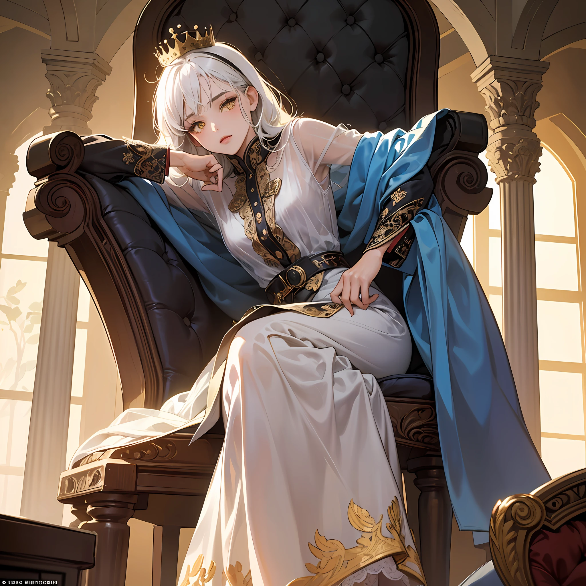 (Masterpiece:1.2), best quality, (illustration:1.2), (ultra-detailed), hyper details, (delicate detailed), (intricate details), (cinematic light, best quality Backlights), clear line, from below, soloist, perfect body, (1girl), white hair and yellow eyes, (emperor, black see-through clothes), (crown: 1.1), sitting on the throne, eyes slightly closed, head down, (shy: 1.2 ), (makeup), high contrast, (best illumination, an extremely create and beautiful), (cinematic light), colorful, --auto