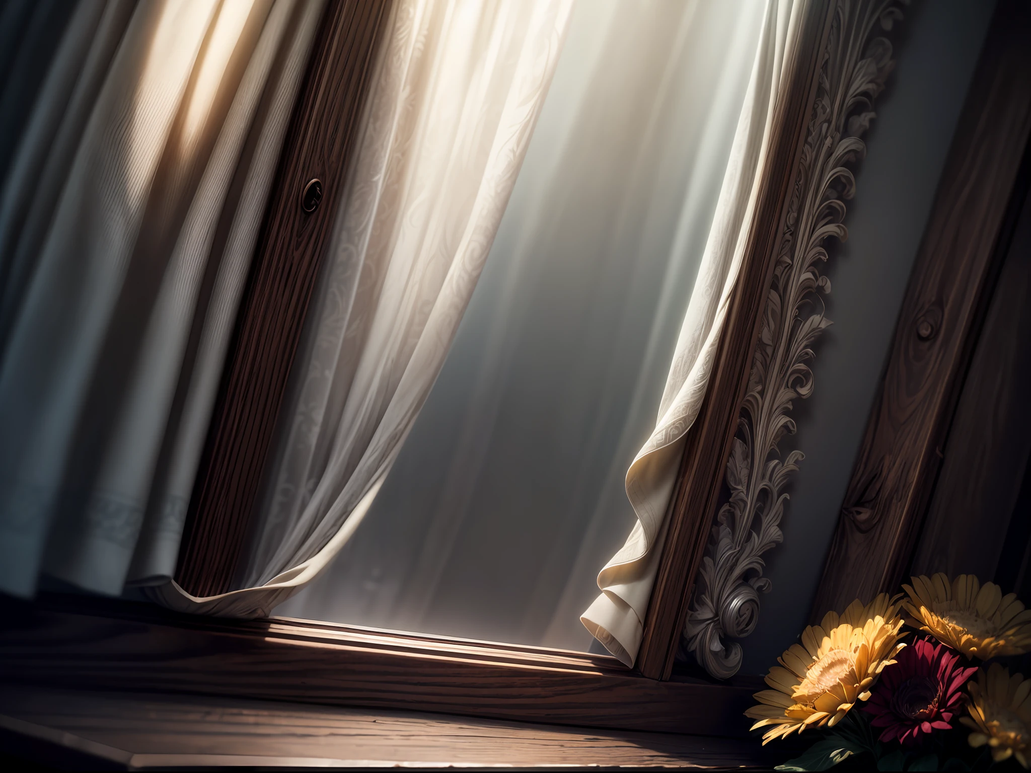 (ultra-detailed CG unity 8k wallpaper,masterpiece, best quality, depth of field, HDR, intricate), ((no human)), A serene atmosphere, curtains lightly blowing in the breeze, soft light shining on the old wooden desk, an open window, words falling out, a gentle sense of melancholy, a touch of mystery, details lost in the shadows, a hint of nostalgia.