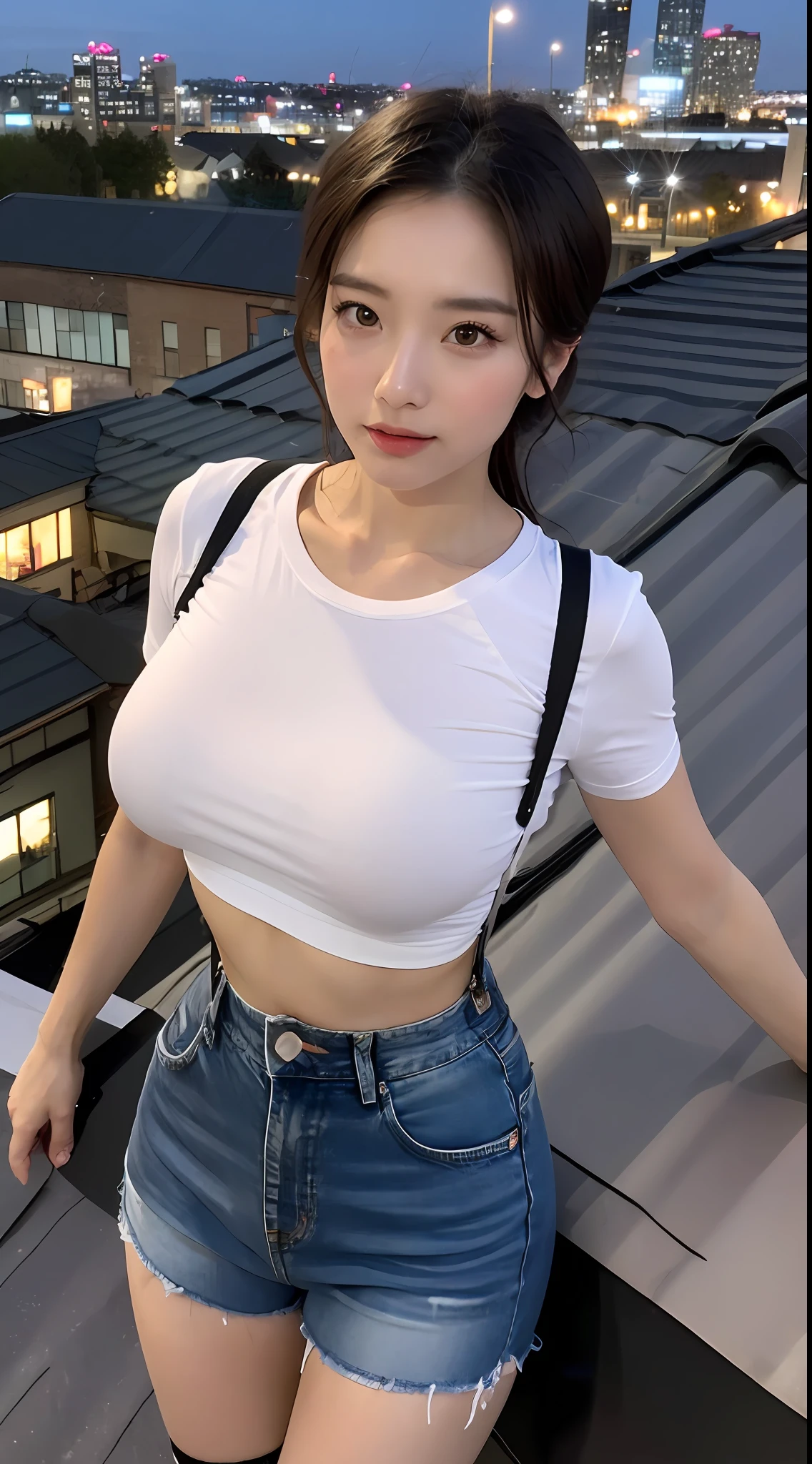 ((midynight, Need, 8k, tmasterpiece:1.3)), full bodyesbian, Long legs, Focalors:1.2, perfect figure beautiful woman:1.4, Slim abs:1.1, ((Dark brown hair, huge tit:1.7 )), (white tight t-shirt, Denim suspenders, standing on your feet:1.2), ((city night scene, the roof:1.3)), Highly detailed facial and skin texture, A detailed eye, 二重まぶた