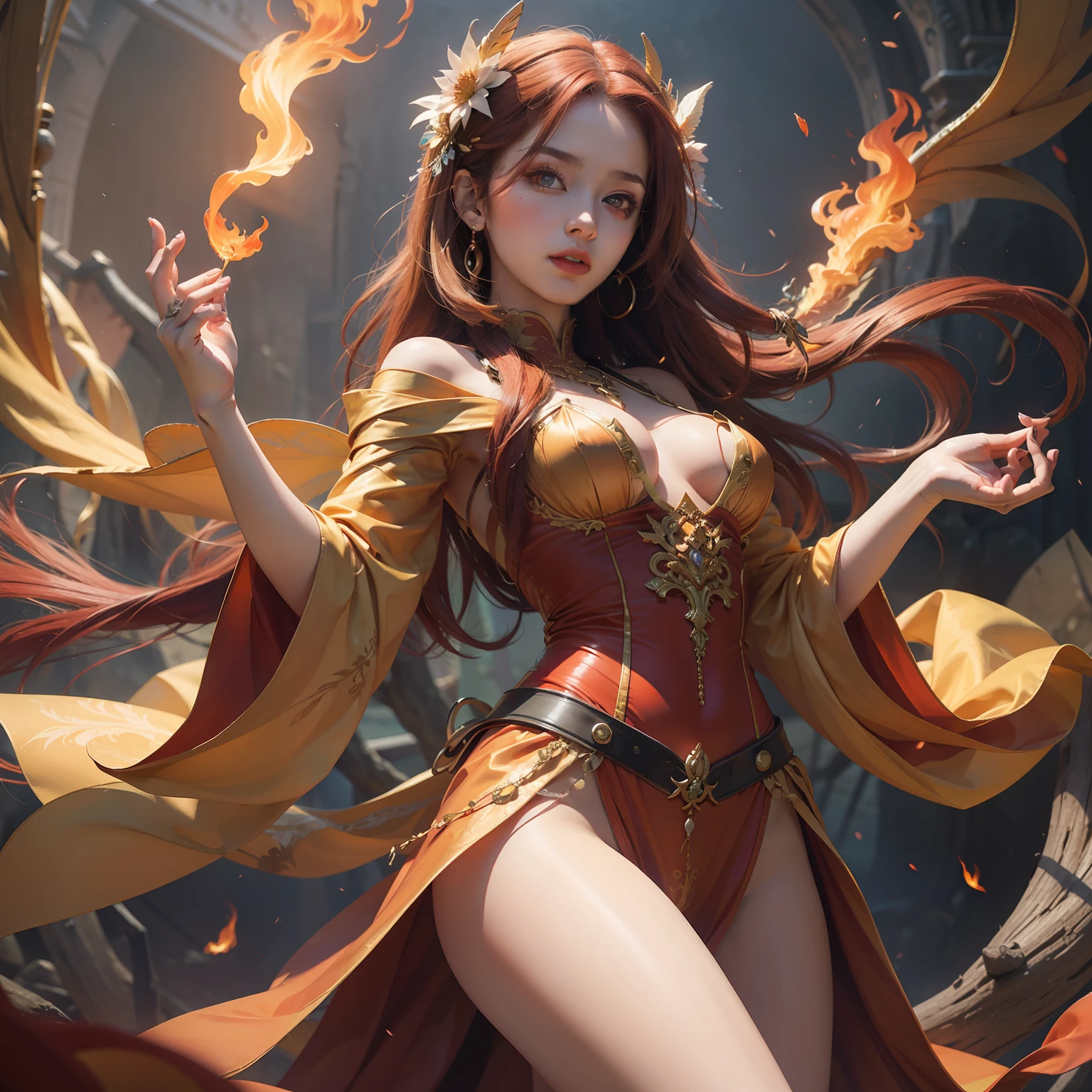 （​masterpiece）8K分辨率、top-quality、Passionately dancing flame fairy、deep red hair、Orange Eyes、Hazel Eyes、Delicate full-length image、fantasy-inspired、
