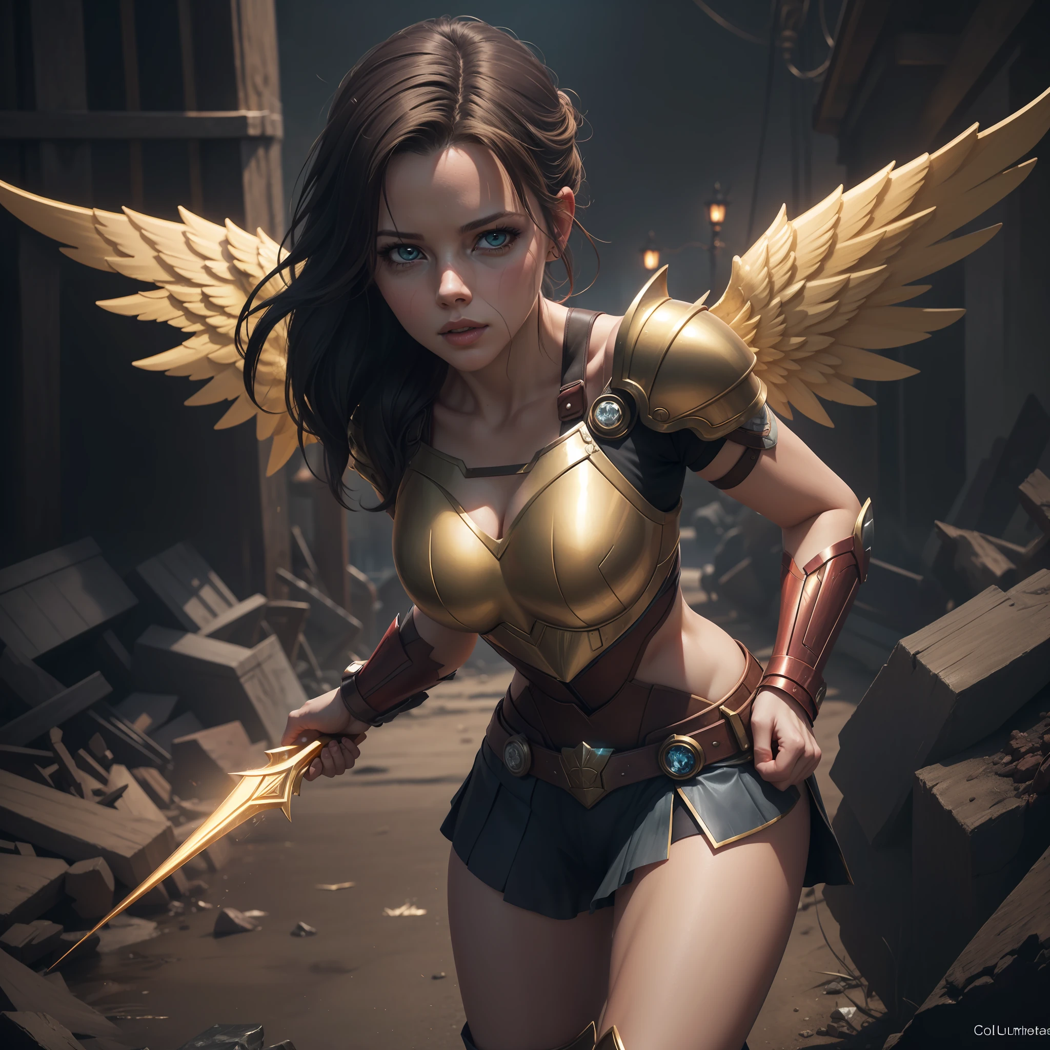 fotorrealista,Realistic illustration in Manga style,((Obra maestra)),((La mejor calidad)),((Ultra detallado)),((1girl)),((solamente)),((waifu:1.5)),Perfect anatomy,Lindo_cara,Exceptionally Beauty waifu Kate beckinsale como Tifa Lockhart Final Fantasy 7 remake,en cosplay de Wonderwoman y ironman Mark-85,((Golden angel armor with crystal wings)),ropa mojada,minifalda,Calcetines s,rojo-claro_ojos,cabello ondulado,delineador,Maquillaje lindo,((Ojos detallados perfectos)),Ciudad Cyberpunk,lluvia afuera,noche,((Extremadamente CG Unidad 8K Fondo de pantalla)),Detalles intrincados,Extremely beautiful and aesthetic,Renderizado de octanaje,Retrato de cuerpo entero,damp skin,((Cuerpo detallado perfecto)),