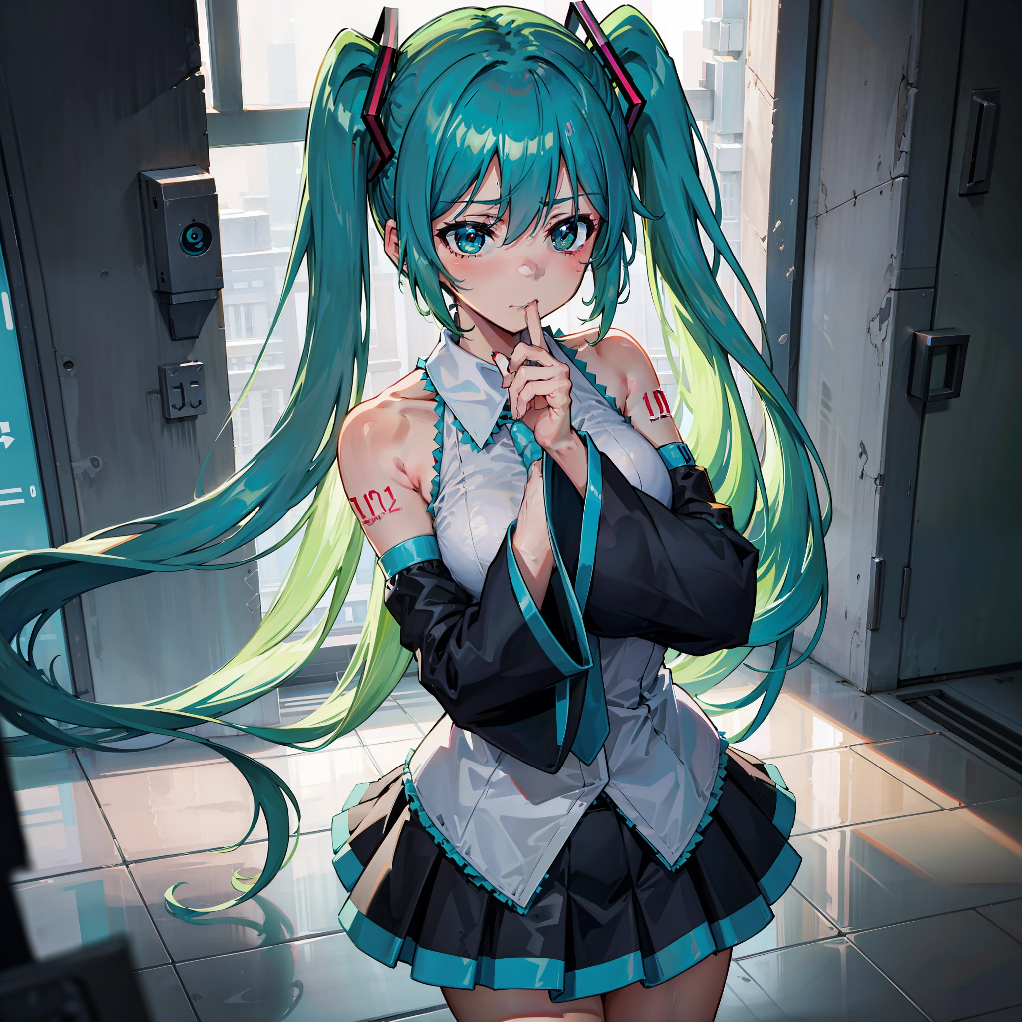 Big breasts Hatsune Miku,Double tail,Green hair,bare shoulders,a black skirt,black sleeve,Separate the sleeves,Cyan shirt,hair adornments,after rainny,fog atmosphere,超高分辨率,Dimly lit,城市,2D style,Special light and shadow,Poor milk