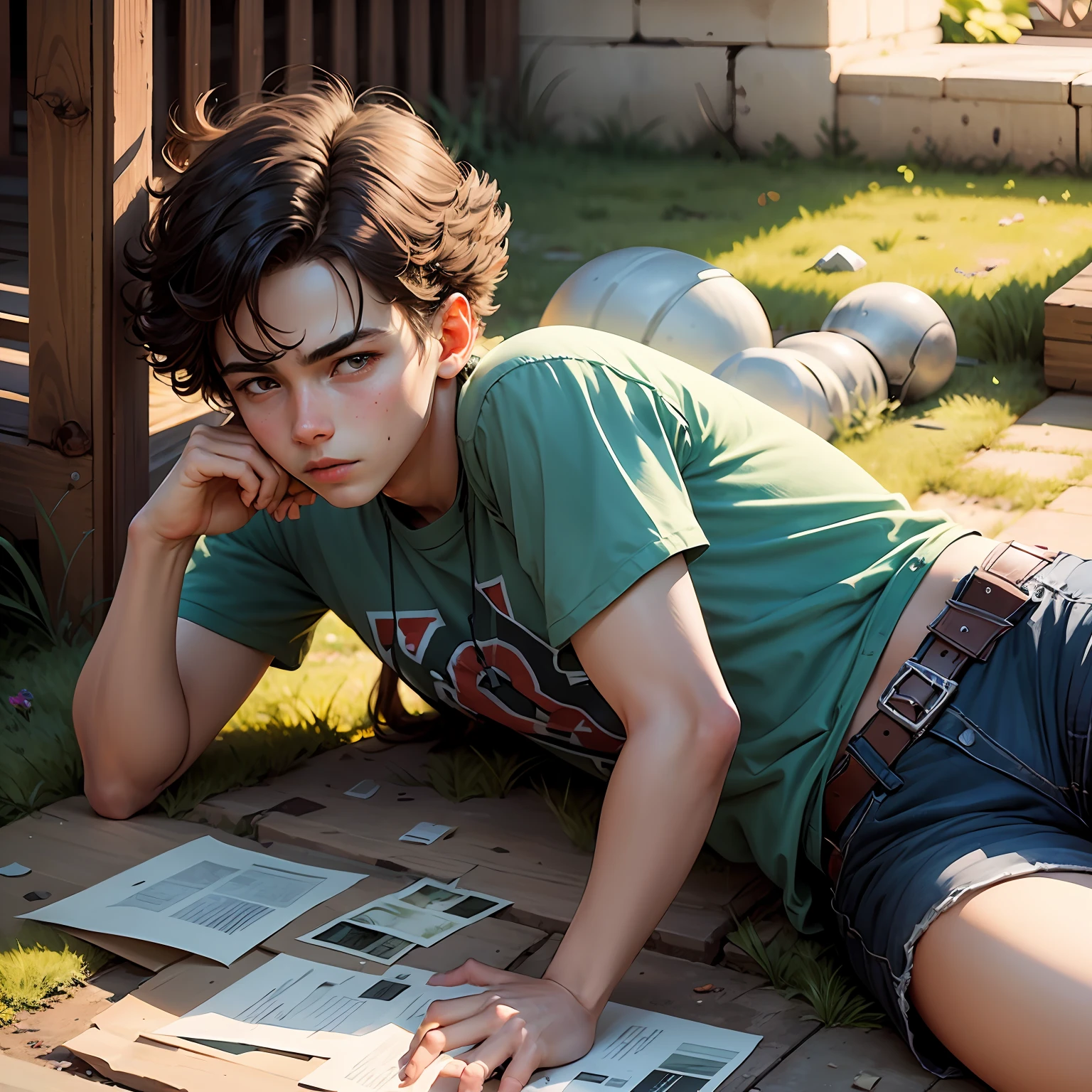 mid afternoon,An eighteen-year-old boy lies in his yard,Comic style,Hyper-Resolution --auto
