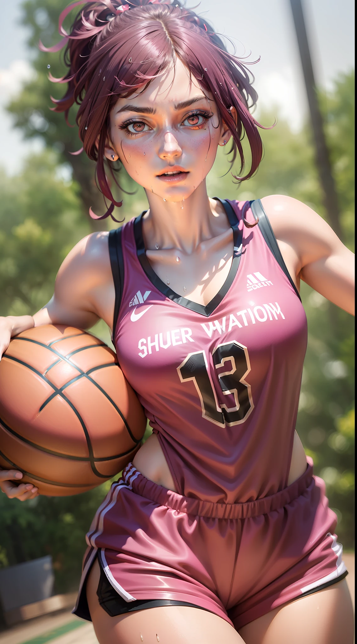 Masterpiece: 1.2, best quality), realistic, (real picture, rich details details, depth of field), (1girl, solo), makeup, cleft lip, high detail, perfect face shape, (small breasts: 1.4), (skindentation), thick thighs, Wide hips, thin waist, tall, coral, red lips, red eyes, ponytail, ((((Girl playing basketball, pink basketball suit, super short pants)))), (sweat: 1.2), (wet), sexy, blushing, sweaty