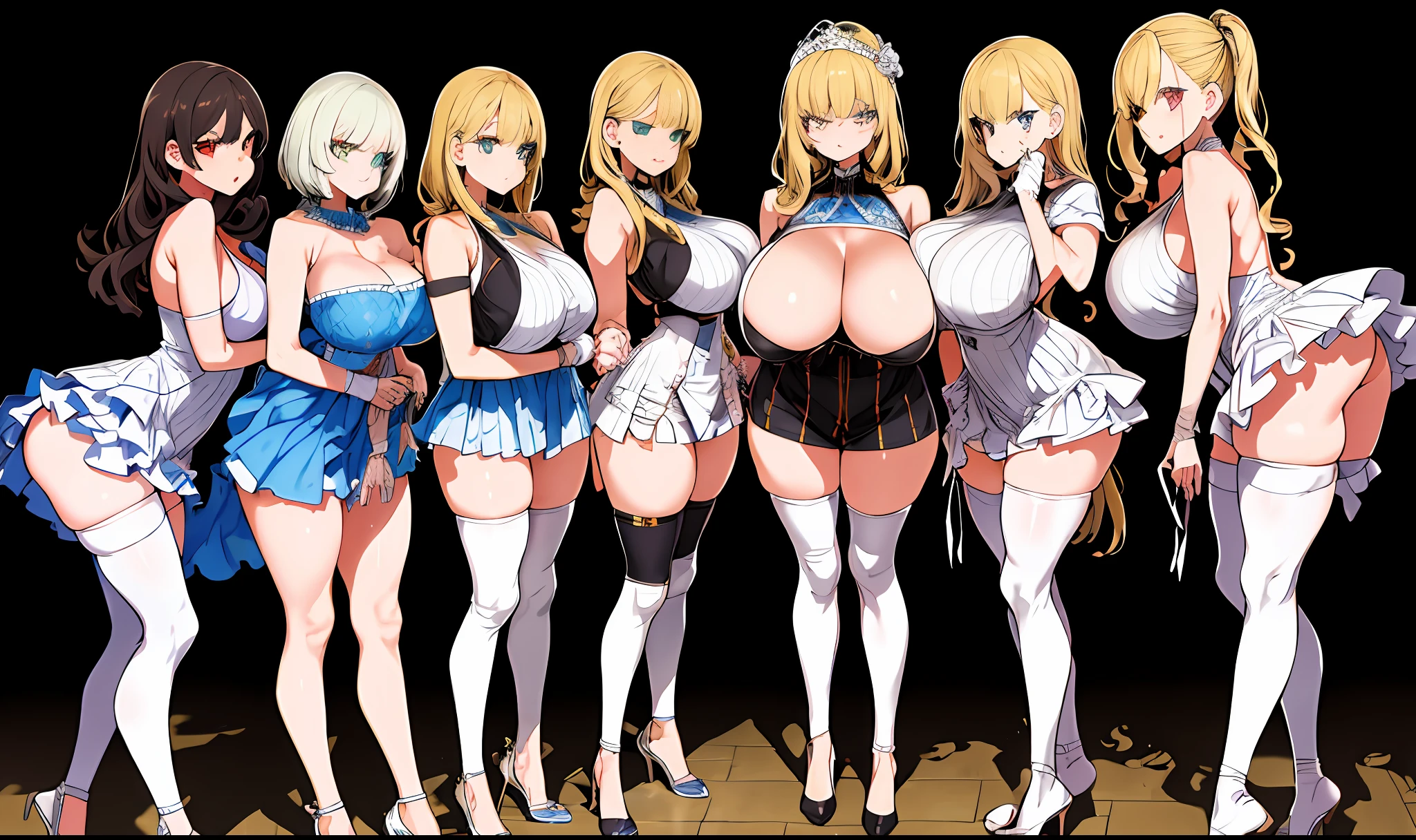 a masterpiece of,(perfect anatomia:1.4), best qualtiy, high_resolution, Fine details, highly detailed and beautiful, Distinct_image, (8 Girls), , a blond,Red-eyed, standing split,(huge-breasted), (tits out),Curve,Full body,(weddingdress),(thighhigh),brownish colors,Egyptian costume,all-fours,Only two people in front