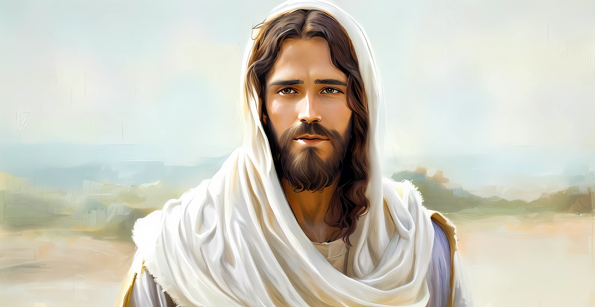 Man with beard and white shawl on his head, Jesus Christ, dressed as Jesus Christ, Jesus of Nazareth, face of Jesus, Greg Olsen, Jesus, Nicodemus, portrait of Jesus Christ, Lord and Savior, He is greeting you warmly.