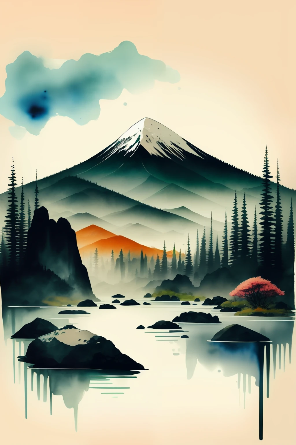 A landscape with a white background features mountain ranges, water, and trees rendered in an orange and green watercolor style.