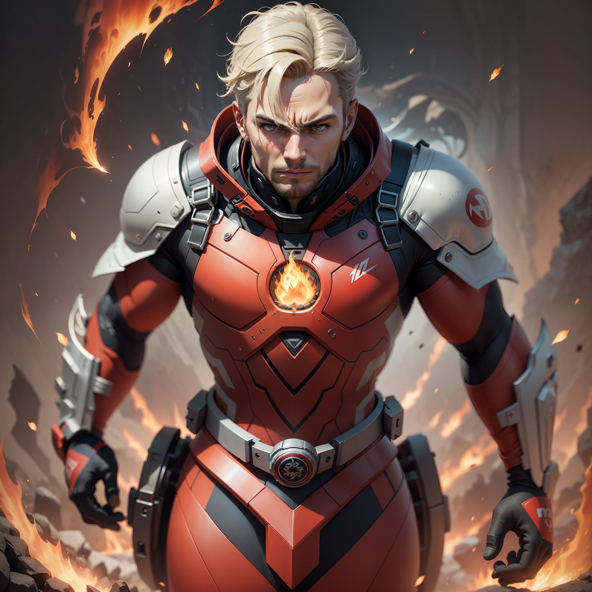A hero man with synthetic clothes red color, Cabelo branco, olhos castanhos, Using firepower in hand, Arte realista, imagem detalhada, qualidade 8k,
