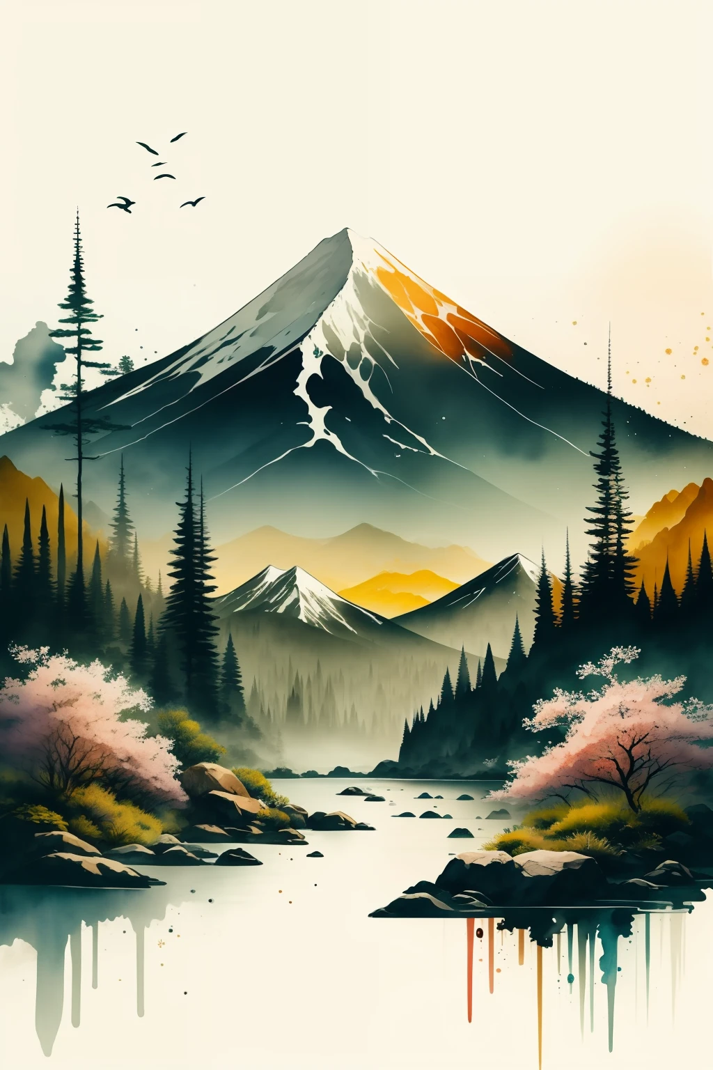 A landscape with a white background features mountain ranges, water, and trees rendered in an orange and green watercolor style.