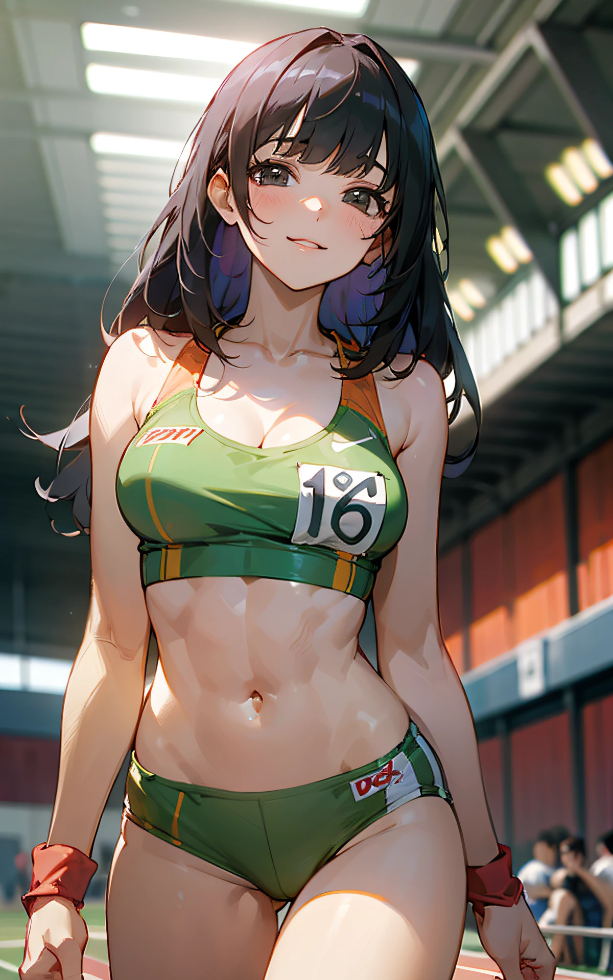 (Original Character、Unity 16K Wallpaper, Masterpiece, Best Quality, Ultra-Detailed, Extremely Detailed CG, Caustics, Cinematic Lighting, Detailed, Beautiful Detailed Eyes, solo), Ultra High Resolution, fine skin, (track and field:1.2) 、(strong light)、oily skin,smile , from front:1.2、(sexy women)、Arena、separate、micro racing bloomers、show off belly,show off neck,sunny day、cowboy shot,layered hair,blush,blunt bangs, black eyes,abs,kawaii,perspired,cleavage、running shirt,lying:1.2,open legs wide