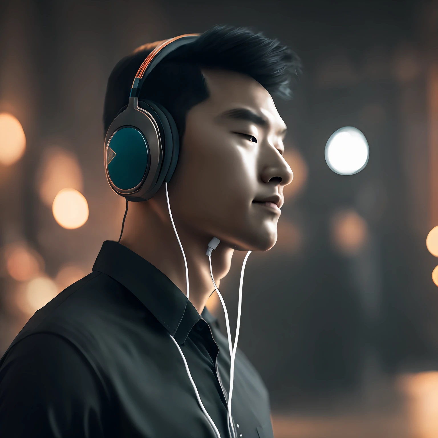 there is a man wearing headphones and a black shirt, 8k selfie photograph, with headphone, obscured face, low quality photo, with headphone, lofi portrait, Guviz, blur effect face, Detailed unblurred face, Guviz-style artwork, distorted photo, inspired by Yeong-Hao Han, Blurred face, Wearing headphones --auto