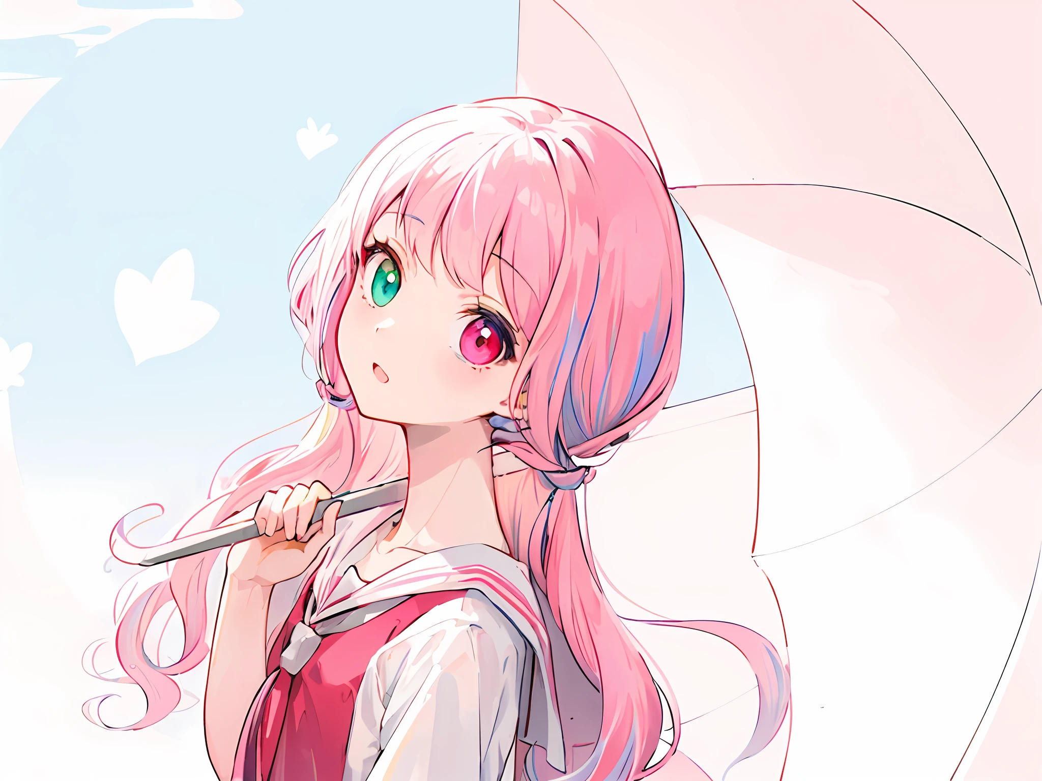 pink hair color, high quality, anime girl, heterochromia, school uniform, outdoor, park,