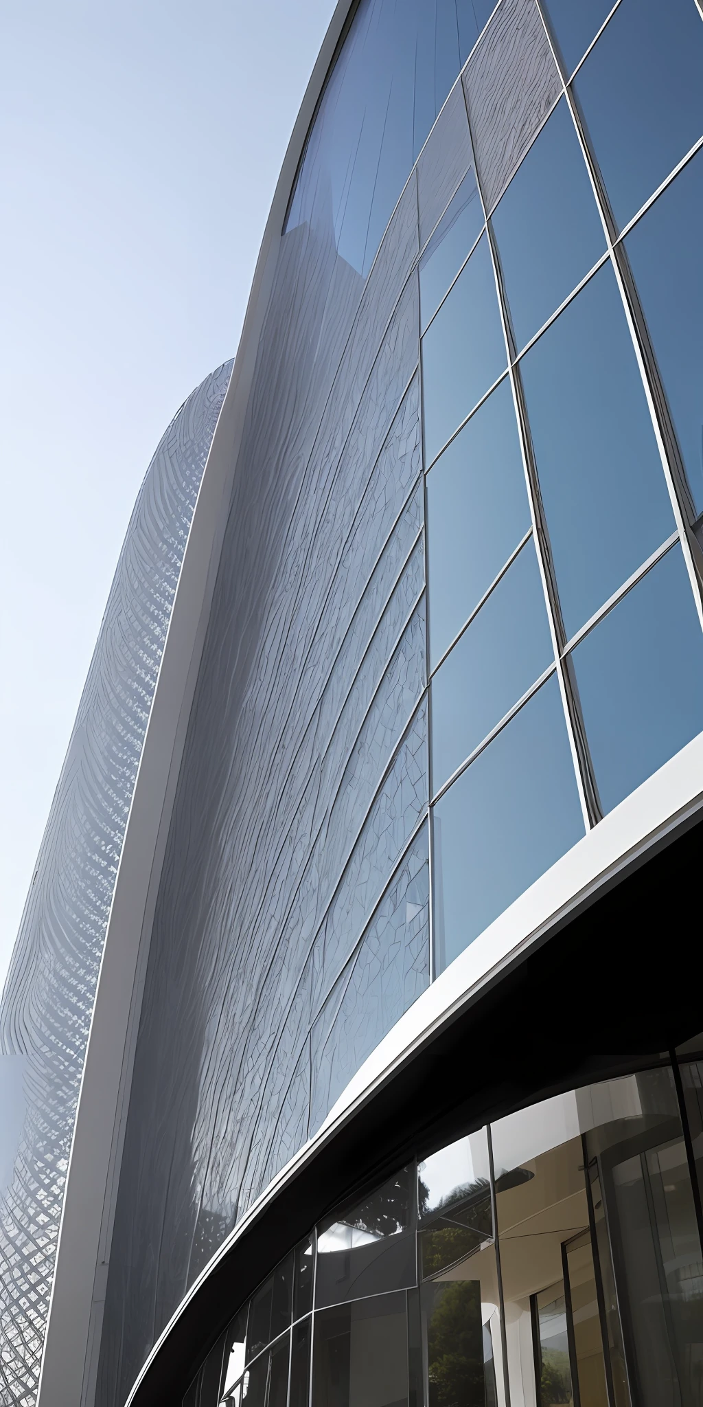 Draw a spiral structure of the building,Pinnacle with a wide lower width and a narrow upper one,The façade is flat and integrated,Glass curtain wal