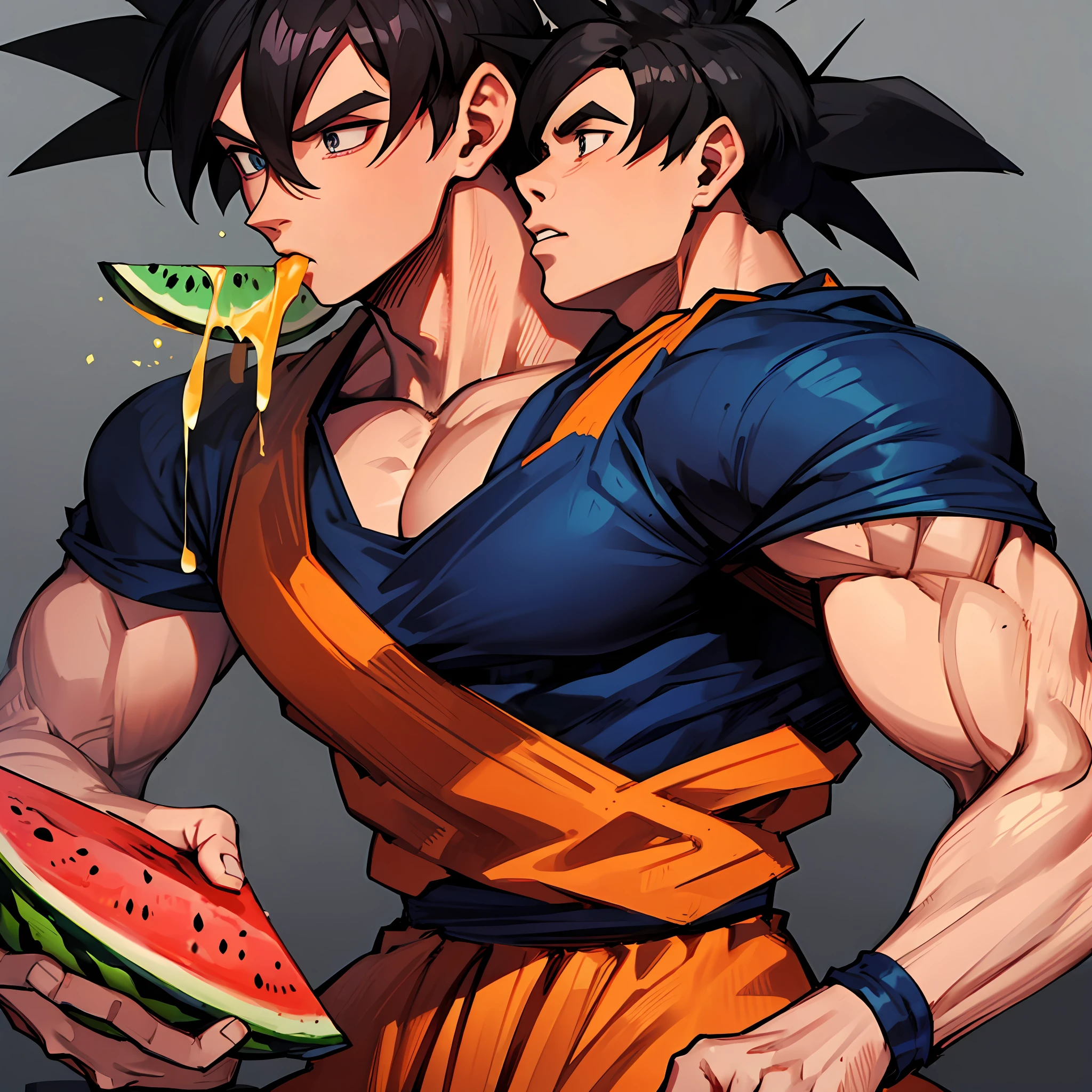 tmasterpiece,Best quality at best,highly detailed,muscle men,malefocus,Goku eats watermelon