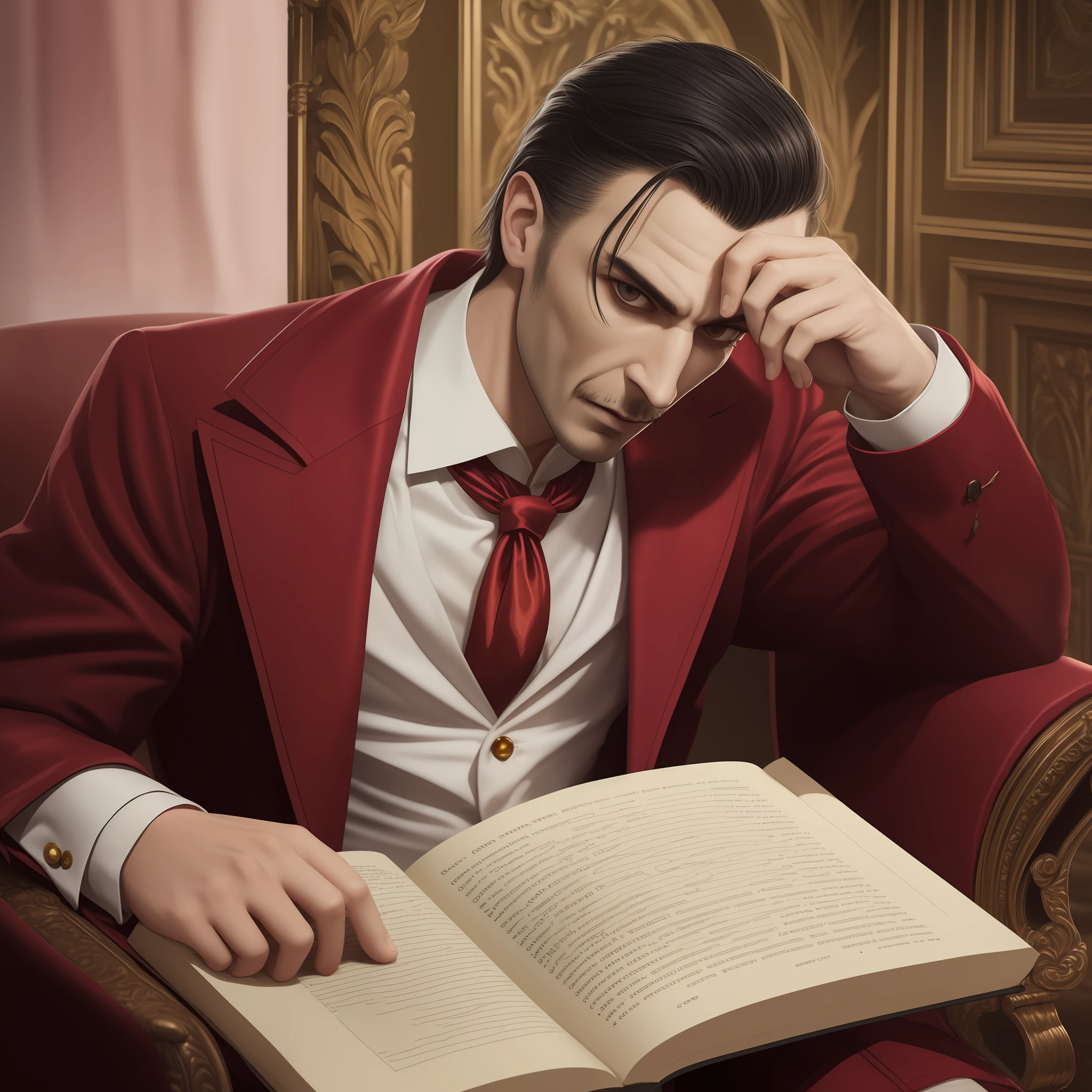 Modern Dracula sitting in a comfortable chair, tomando um vinho e lendo um livro, HDR, realista, Sombra realista, Contraste suave, best ilumination, fundo sala de um castelo sombrio, roupas sociais, red demonic eyes, normal hands, pale face, pale skinned, copo de vinho normal, count dracula, solo, sombrio,