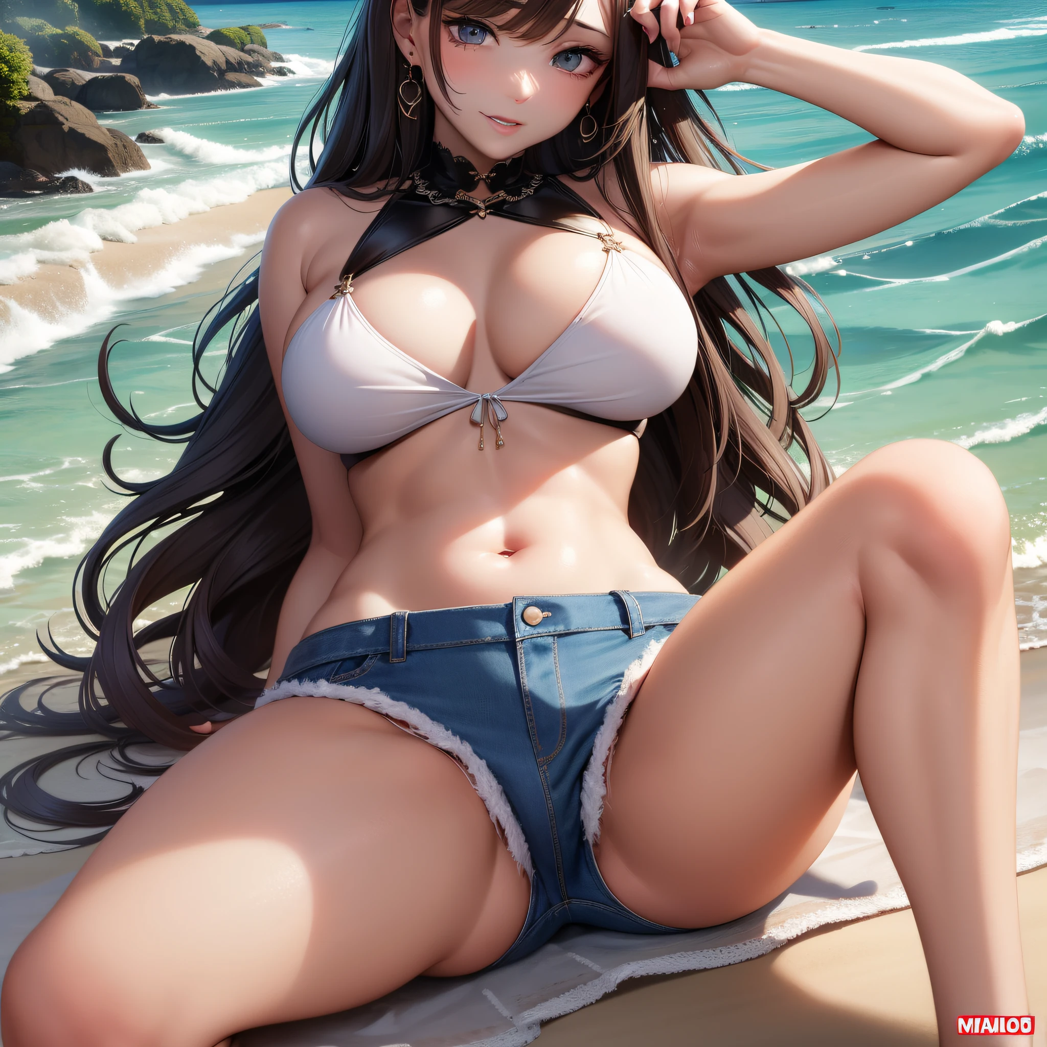 mulher, linda, sexy, micro shorts, praia, seios muito grande, peitos grande, mamilos destacados