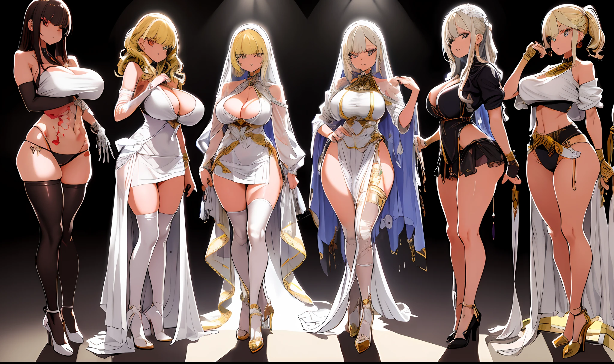 a masterpiece of,(perfect anatomia:1.4), best qualtiy, high_resolution, Fine details, highly detailed and beautiful, Distinct_image, (Four girls), , a blond,Red-eyed, standing split,(huge-breasted), (tits out),Curve,Full body,(weddingdress),(thighhigh),brownish colors,Egyptian costume,all-fours,to close range,