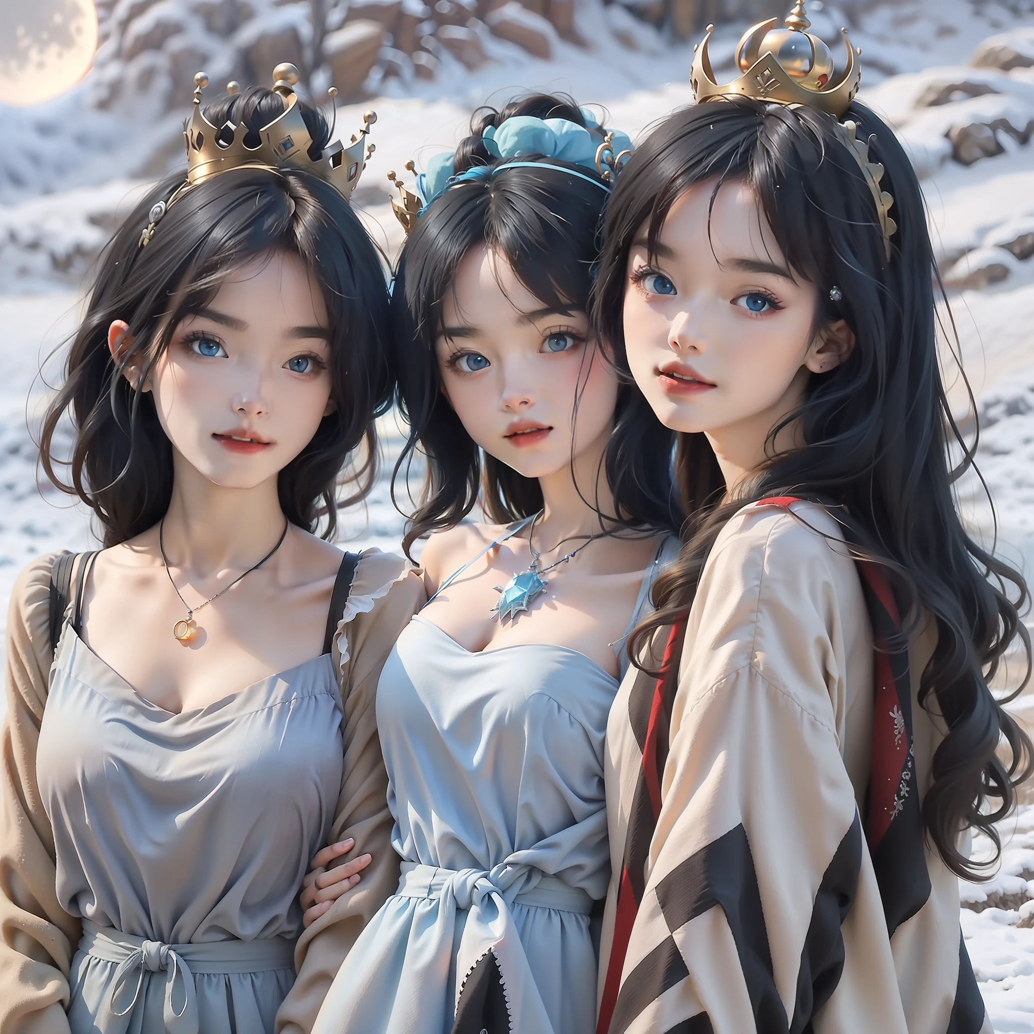 Night, (1 girl)), loneliness, masterpiece, 8k wallpaper, high resolution, absurdity, high quality background, short hair, black hair, multi-colored hair, beautiful frozen village, (full moon), blue dress, detail dress, jewelry dress, (magic: 1.2), blue flame, blue eyes, glowing eyes, fire, ice goddess, (blue delicate beautiful crown), electricity, blue electricity, blue light particles