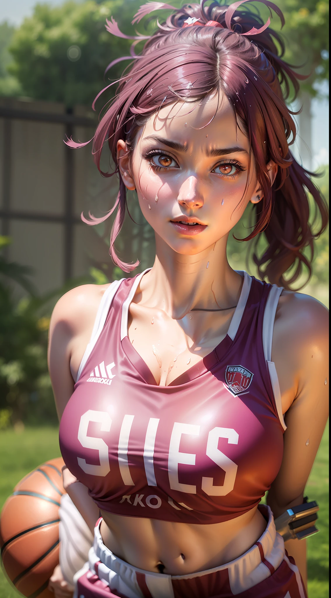 Masterpiece: 1.2, best quality), realistic, (real picture, rich details details, depth of field), (1girl, solo), makeup, cleft lip, high detail, perfect face shape, (small breasts: 1.4), (skindentation), thick thighs, Wide hips, thin waist, tall, coral, red lips, red eyes, ponytail, ((((Girl playing basketball, pink basketball suit, super short pants)))), (sweat: 1.2), (wet), sexy, blushing, sweaty
