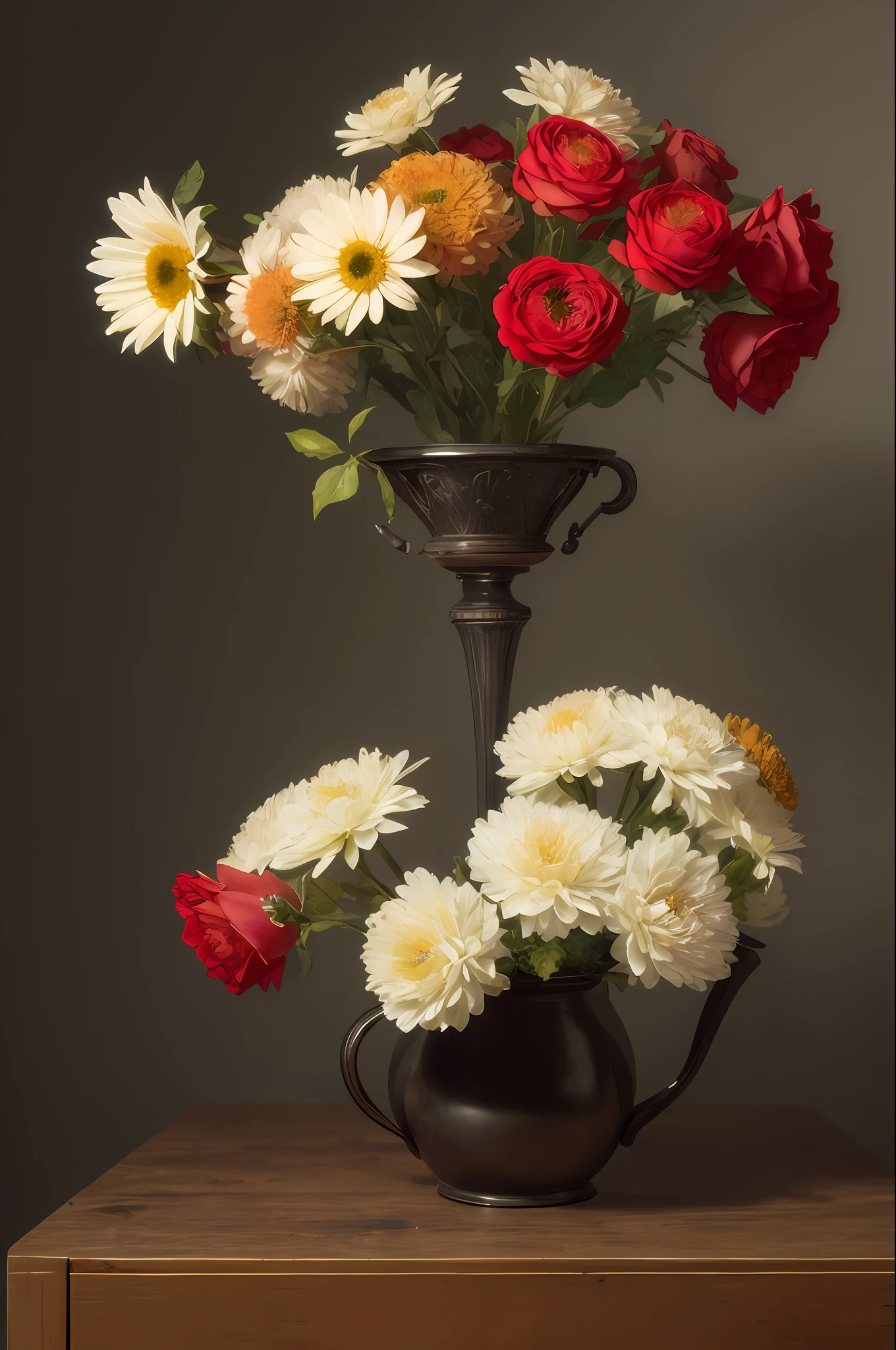 (masterpiece), (best quality), (still_life:1.3), no humans, Simple background, old, realistic, Rembrandt lights, 8K, Ultra-HD, hyper-realistic, vibrant, 8k, detailed, ultra detail, soothing tones, muted colors, fresh flowers,