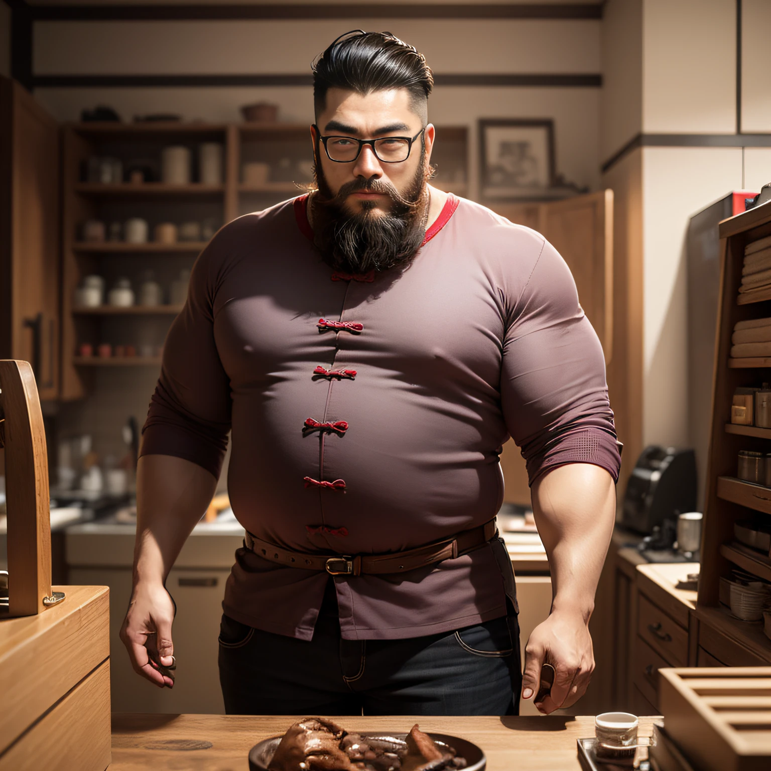 Chinese men，aged 40，Beard，Glasses，The hairstyle is vintage oil head，Strong build，com um rosto quadrado，Weight 90 kg，180cm tall --auto