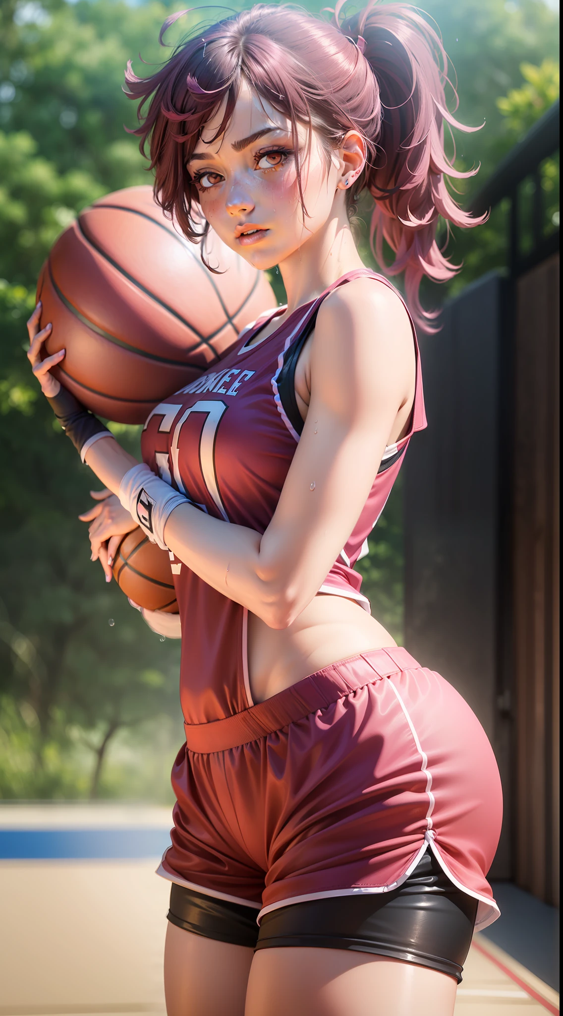 Masterpiece: 1.2, best quality), realistic, (real picture, rich details details, depth of field), (1girl, solo), makeup, cleft lip, high detail, perfect face shape, (small breasts: 1.4), (skindentation), thick thighs, Wide hips, thin waist, tall, coral, red lips, red eyes, ponytail, ((((Girl playing basketball, pink basketball suit, super short pants)))), (sweat: 1.2), (wet), sexy, blushing, sweaty