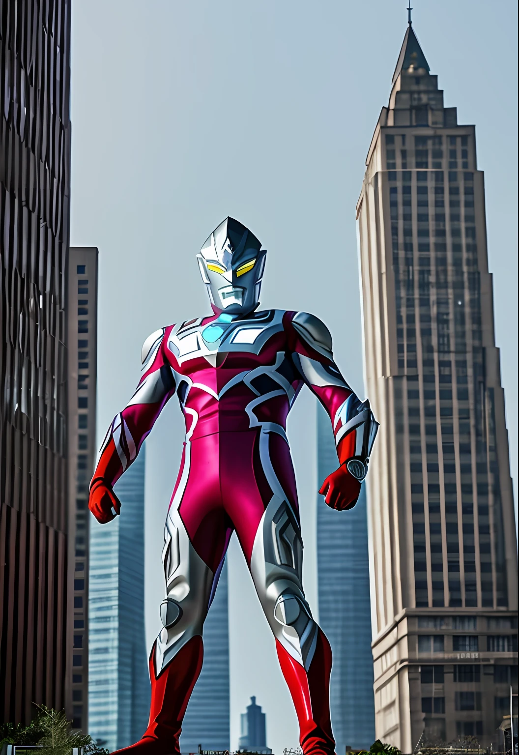 ultraman on guard,(165feet height), [red|black], realistic, high detail raw photo, masterpiece, best quality, detailed, hyper realistic, (full body), detailed face, highly detailed, hdr, ((smooth)), sharp focus, look at viewer, (ruined city), (((detailed background))),