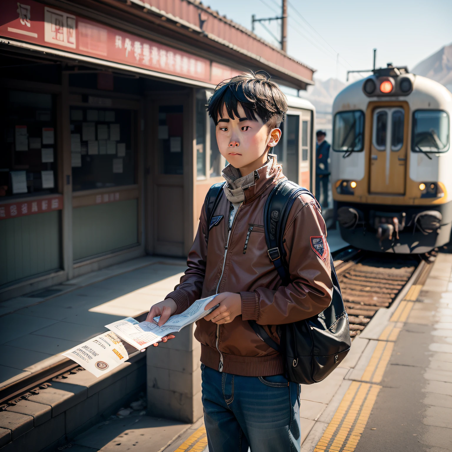 A boy with a train ticket waiting for a train to Lhasa --auto