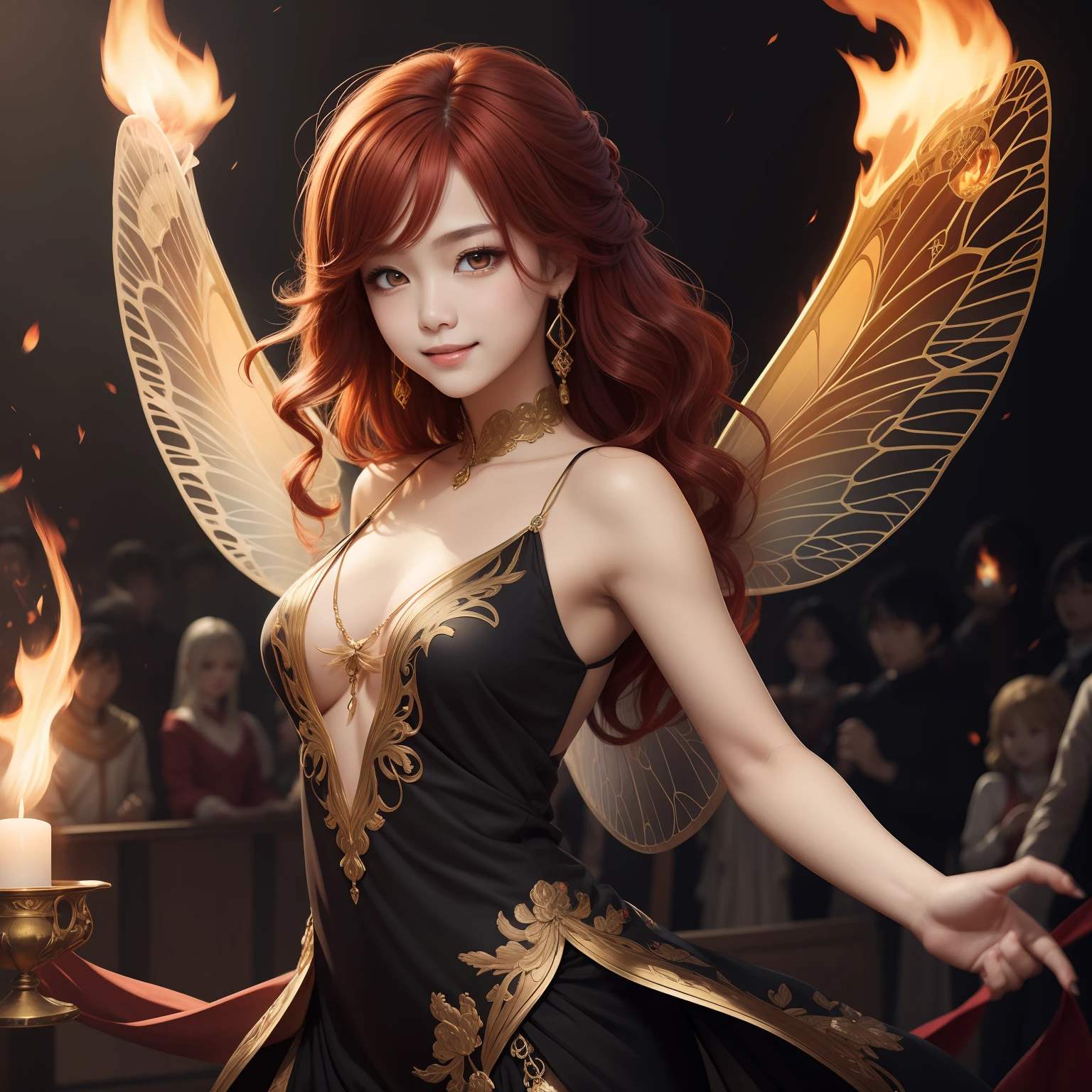 （​masterpiece）8K分辨率、top-quality、Passionately dancing flame fairy、deep red hair、Orange Eyes、Hazel eyes、Delicate full-body image、fantasy-inspired、Gentle smile、No chemomimi