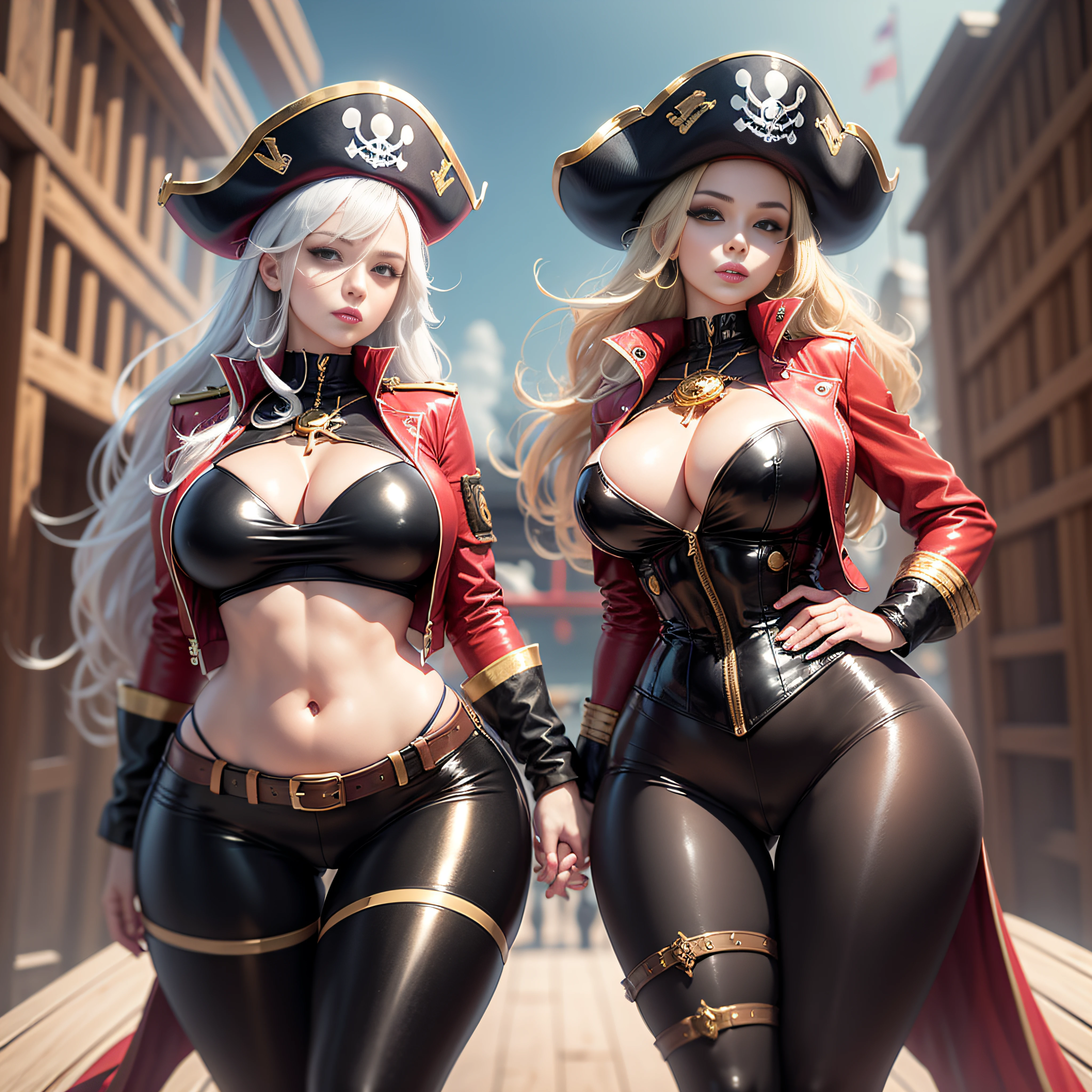 pirate captain outfit with pirate hat, red jacket with gold tassels, white frilly blouse, black pants, brown thigh high boots, eye patch, massive breasts, massive hips, massive thighs, massive calves, slender waist, hourglass figure, shiny black pantyhose, piloting a wooden ship, detailed eyes, leggings, kissing each other, 4K high resolution