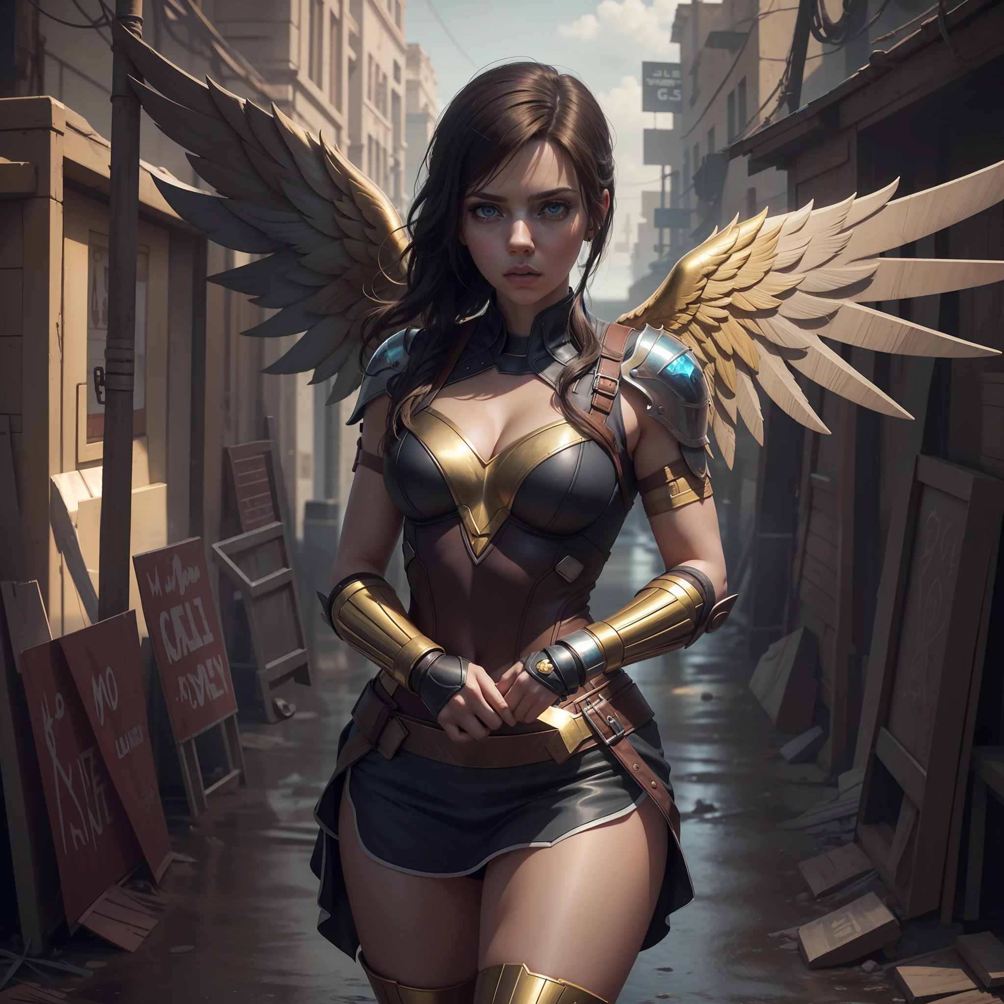 fotorrealista,Realistic illustration in Manga style,((Obra maestra)),((La mejor calidad)),((Ultra detallado)),((1girl)),((solamente)),((waifu:1.5)),Perfect anatomy,Lindo_cara,Exceptionally Beauty waifu Scarlett Johansson como Tifa Lockhart Final Fantasy 7 remake,en cosplay de Wonderwoman y ironman Mark-85,((Golden angel armor with crystal wings)),ropa mojada,minifalda,Calcetines negros,rojo-claro_ojos,cabello ondulado,delineador,Maquillaje lindo,((Ojos detallados perfectos)),Ciudad Cyberpunk,lluvia afuera,noche,((Extremadamente CG Unidad 8K Fondo de pantalla)),Detalles intrincados,Extremely beautiful and aesthetic,Renderizado de octanaje,Retrato de cuerpo entero,damp skin,((Cuerpo detallado perfecto)),