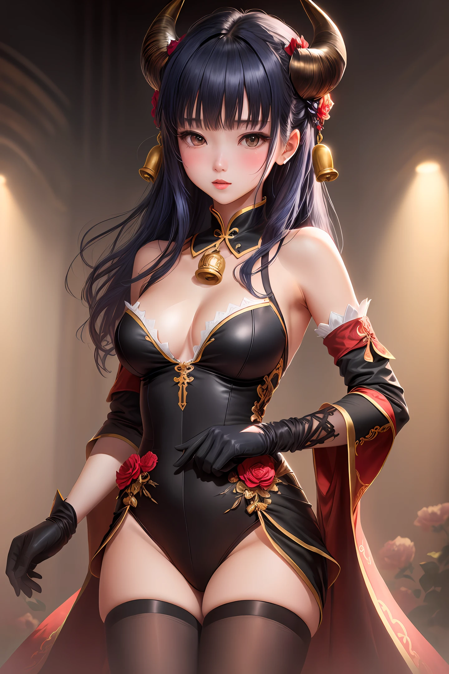 Bangs, bare shoulders, bells, black gloves, black tights, (blue hair), blush, beautiful breasts, Chinese knots, sleeves, flower knots, gloves, horns, long hair, looking at the audience, medium chest, neckbell