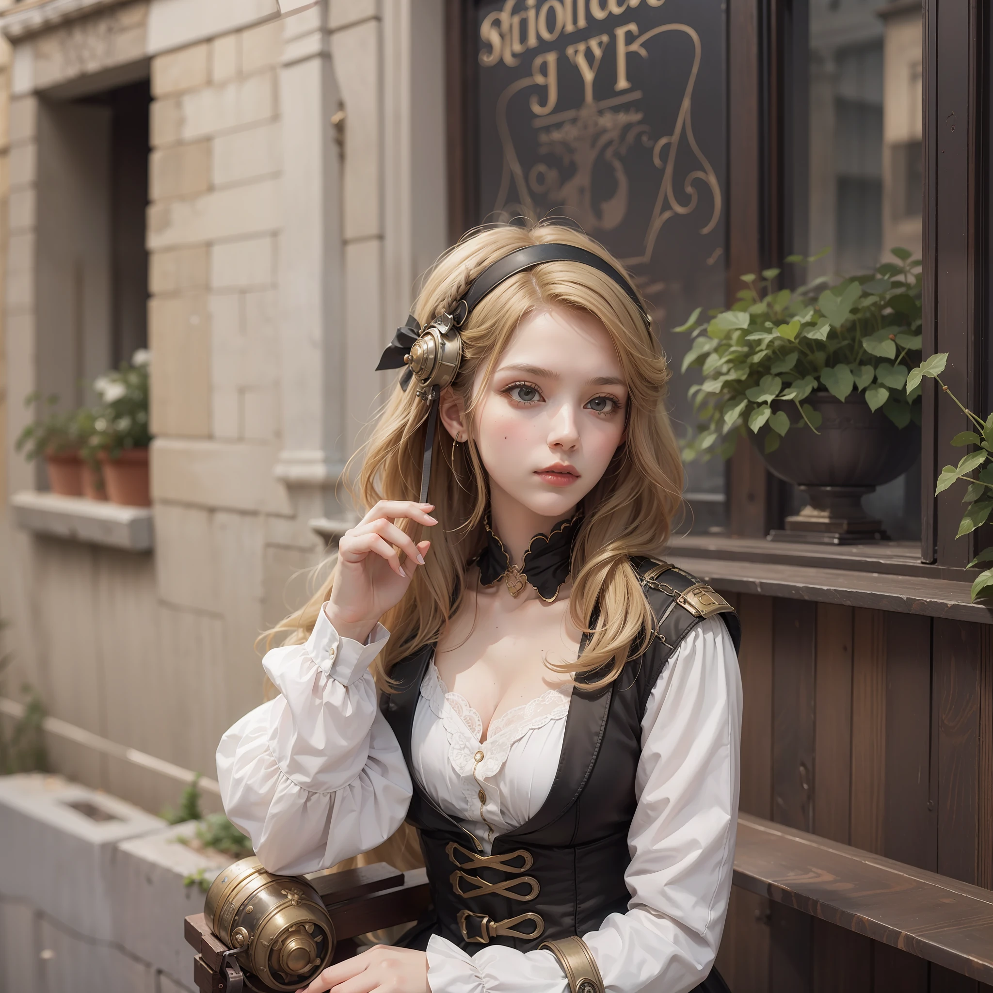 s girl,dual horsetail,blond hairbl,steampunc,airships,airships,airships,the street,baroque buildings,victorian age,jaqueta de couro,wide angles,wide angles