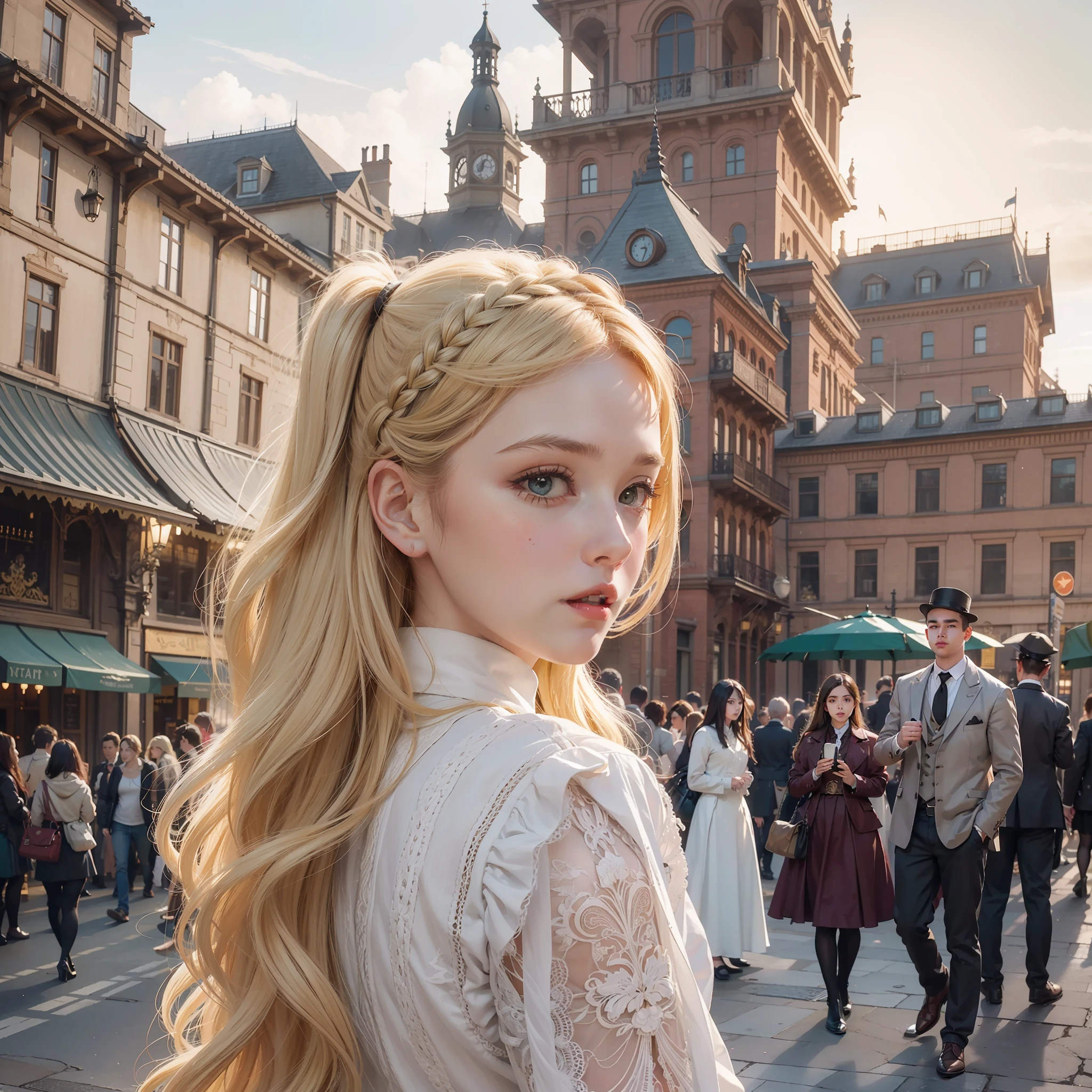 teens girl,dual horsetail,blond hairbl,steampunc,airships,airships,airships,the street,baroque buildings,victorian age,jaqueta de couro,wide angles,wide angles