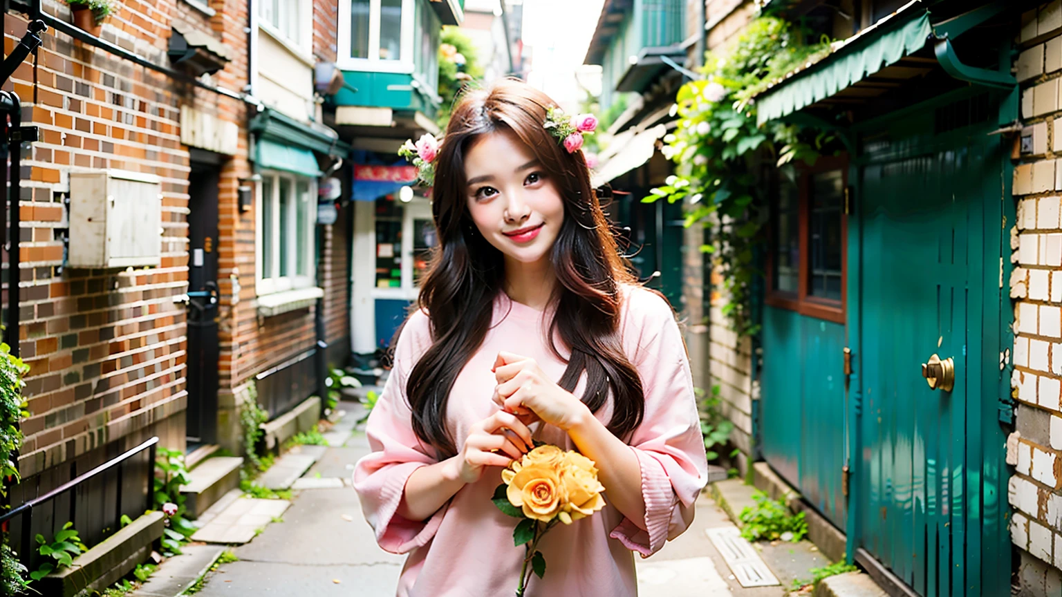 In narrow alleys，Cute young woman holding pink rose with flowers，Asian girl，She has beautiful long hair and bright eyes，Smile at you。