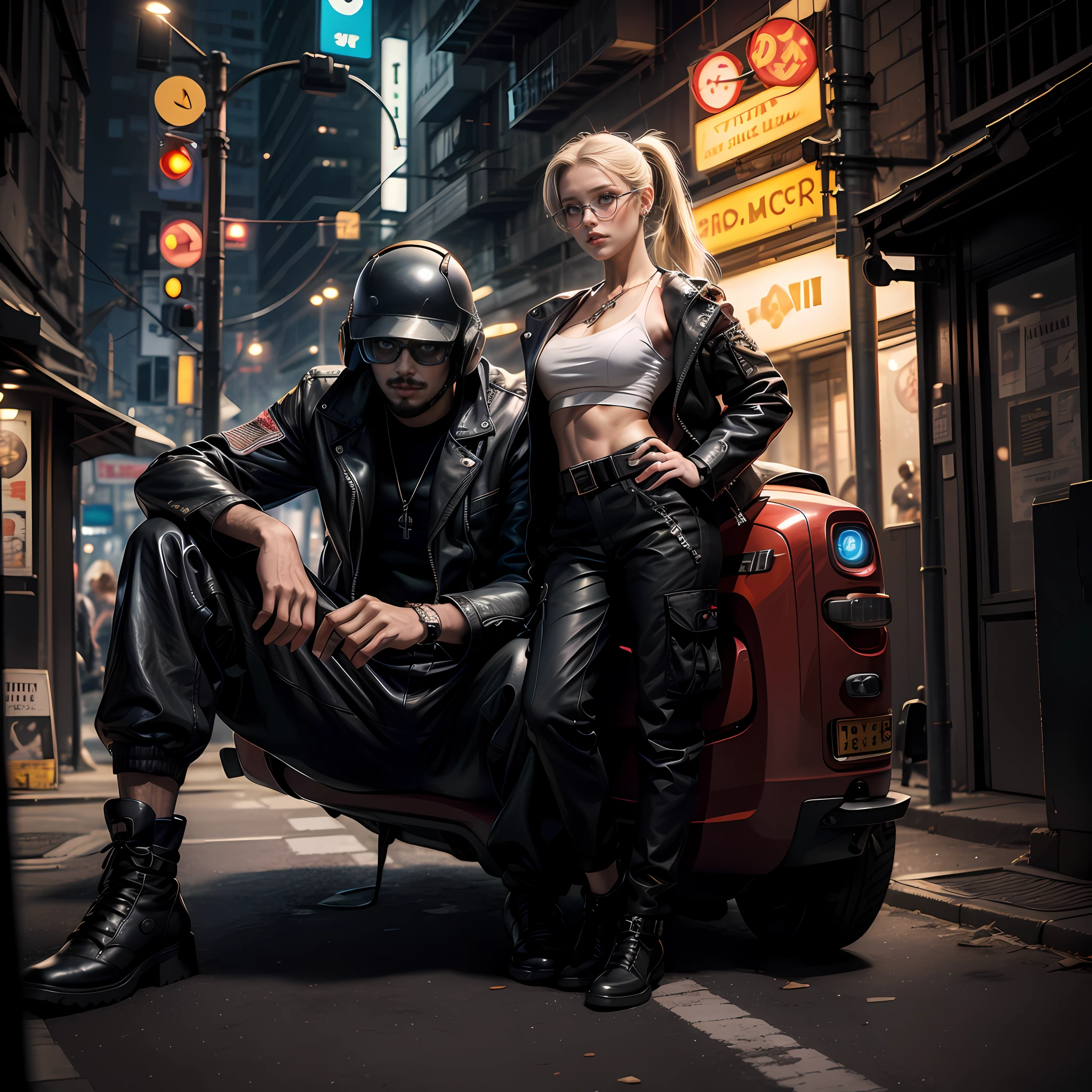 Rosto de Cammy White, blondie ponytail, oculos aviador lente amarela transparente, com 20 anos, white/black/red leather jacket, tied white tank top, bota de couro marrom cano alto, cargo pants with tactical belt, pose dinamica, aponta rifle para o observador, dedo no gatilho, sniper position,background futuristic city in night, standing, pose agressiva, cyberpunk, daftpunk, solo, 1 woman