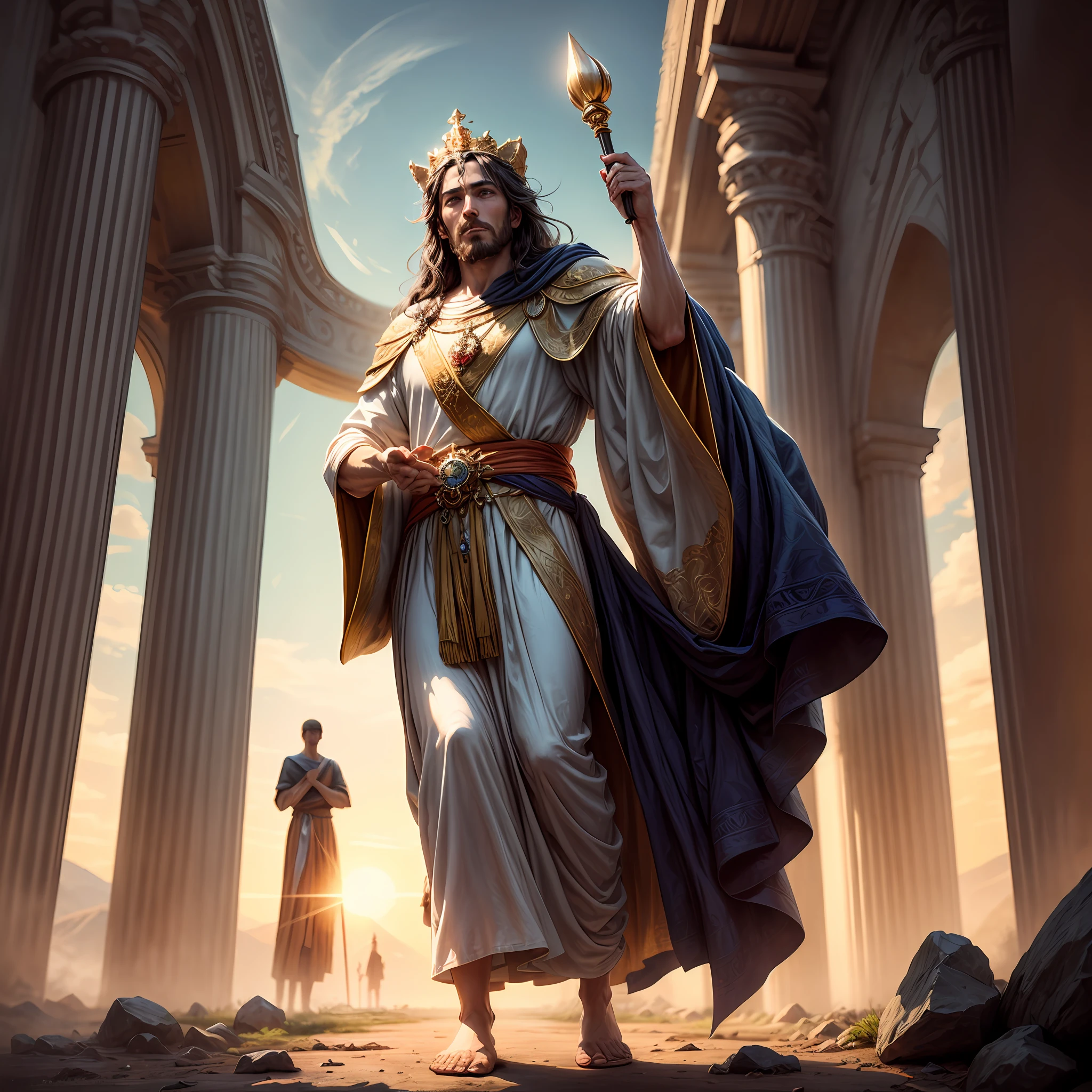 https://s.mj.run/-Nmp_RKISjM Christ, with a face of strength and serenity, is crowned with a crown of thorns. Despite this, he exudes an air of majesty and power. His eyes, a deep, compassionate blue, are filled with wisdom. His hair, a rich brown, cascades down to his shoulders. He's adorned in royal robes of deep purple, with intricate gold embroidery at the edges. In his right hand, he holds a scepter made of olive wood, symbolizing peace. His left hand is raised in a gesture of blessing. Behind him, the silhouette of a majestic lion casts a large shadow, symbolizing his royal lineage. He stands atop a hill, overlooking a vast landscape. The earth stretches out below him in a panorama of mountains, rivers, forests, and fields. The setting sun bathes the scene in a warm, golden light, casting long shadows and painting the sky with hues of orange and pink. People from all walks of life have gathered at the foot of the hill, their faces illuminated by the soft glow of his presence, reflecting their faith and hope. The image should be captured with a wide-angle lens to encompass the vastness of the scene. The focus should be on Christ, with a shallow depth of field to slightly blur the background and emphasize his figure. The camera angle should be from a low perspective, looking up at Christ to highlight his stature and the scale of the scene --auto