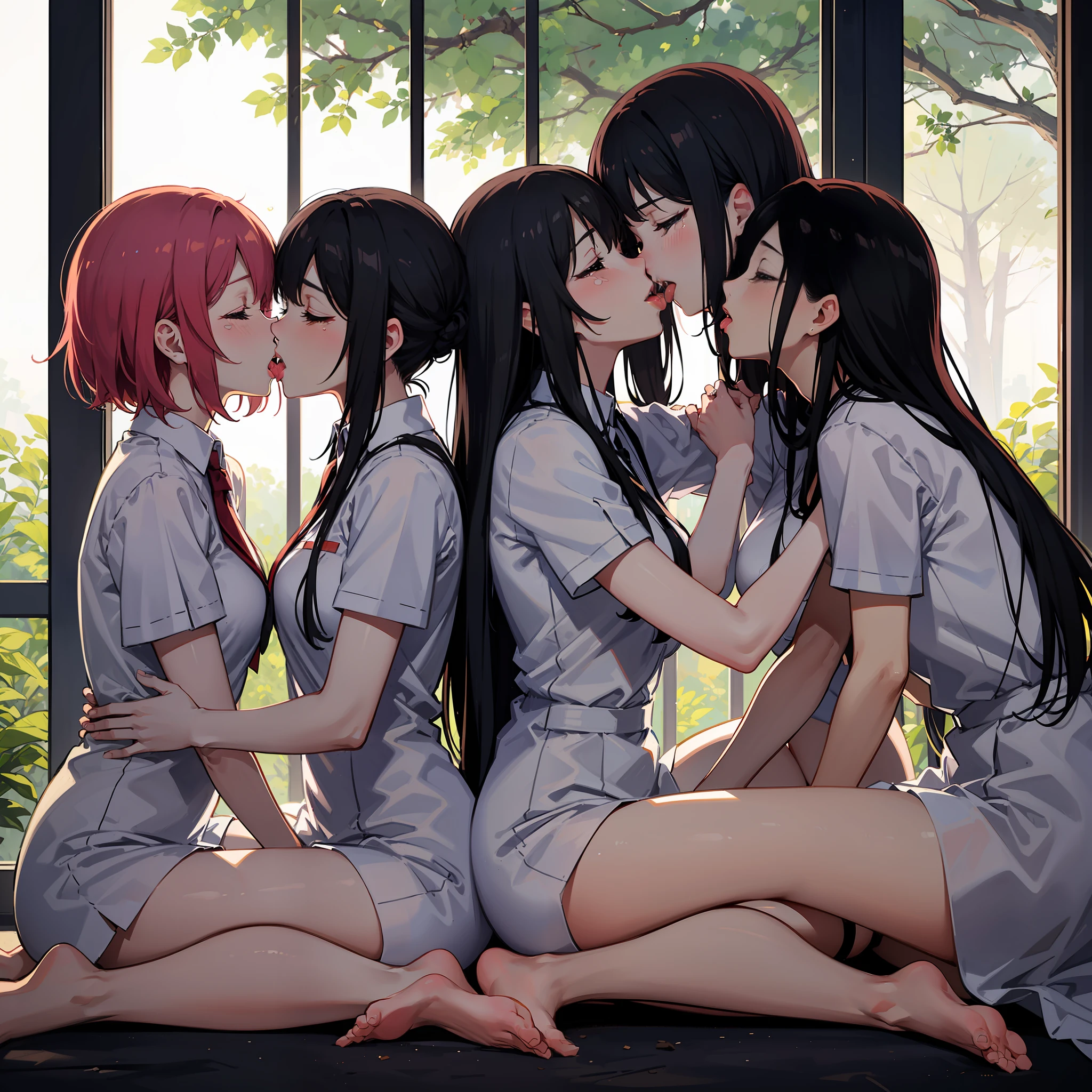 Four nurses,Four Girls,lesbian,kisses,tongue kissing,Be red in the face,embrace,Close both eyes,Put your tongue in each other's mouths,Rub each other's breasts,is shy,cuddle,perspire,black lence stockings,The light is dim,In the woods,the night,The face is very red,extremely shy,opening legs,Sit on each other's lap,Reach into the other's clothes,Untie your clothes,A girl barefoot,A girl in white stockings,Four girls hugging each other,Kissing each other,Kiss,tongue kissing,passionate pose,streaming tears