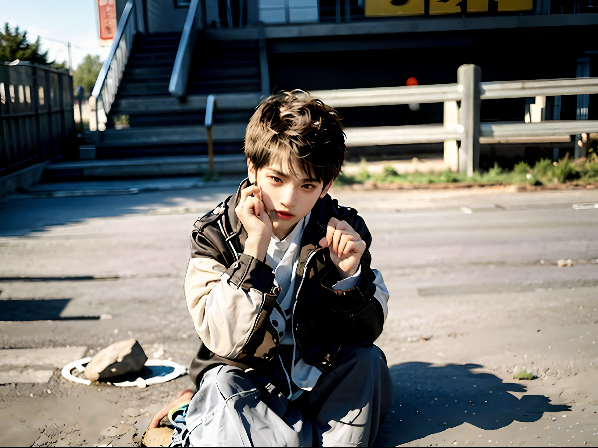 A boy with。In the playground。Try eating pebbles。Unpleasant experience。Can't bite。