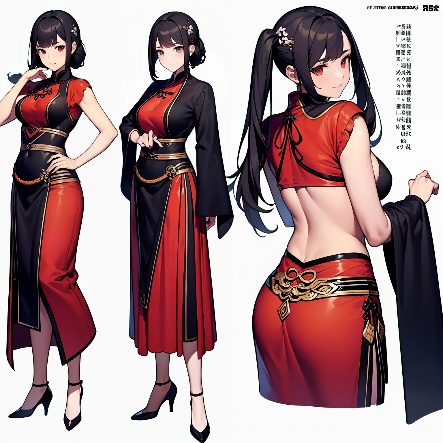 ((masterpiece)),(((best quality))),(character design sheet, same character, front, side, back), illustration, 1 girl, hair color, hairpin, bangs, hairstyle fax, eyes, environment Scene change, hairstyle fax, pose Zitai, female, ancient Chinese princess, charturnbetalora, (simple background, white background: 1.3)