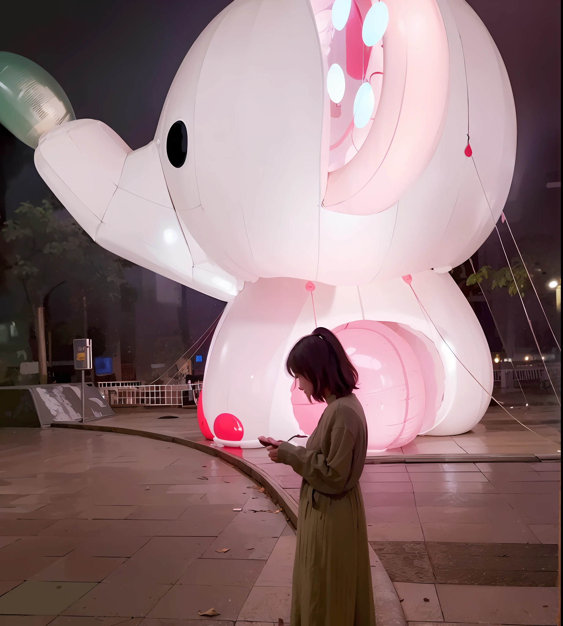 There is a woman standing in front of a giant elephant balloon, shaxi, author:vivy, su fu, inflatable, Lu Ji, mingchen shen, wei wang, (Digital art), balloon, In the evening, wenfei ye, deep in the night, Wu Liu, Photo taken with Sony a7R camera, taken with a Sony A7R camera