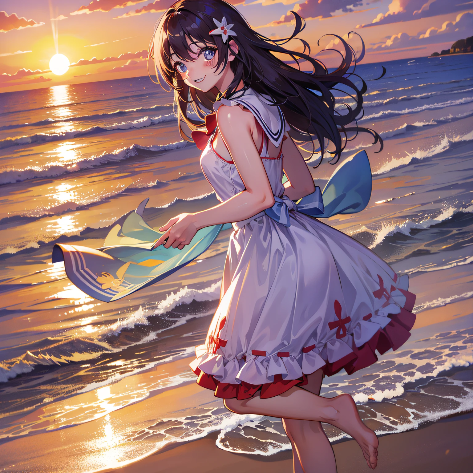 An absolutely mesmerizing sunset on the beach, with a mix of orange, pink, and yellow in the sky. The water is crystal clear, gently kisses the coast, and the white sand is endless. The scene is dynamic and breathtaking, with seagulls soaring high in the sky and palm trees swaying softly. Immerse yourself in the calm atmosphere and let the serenity surround you. --auto