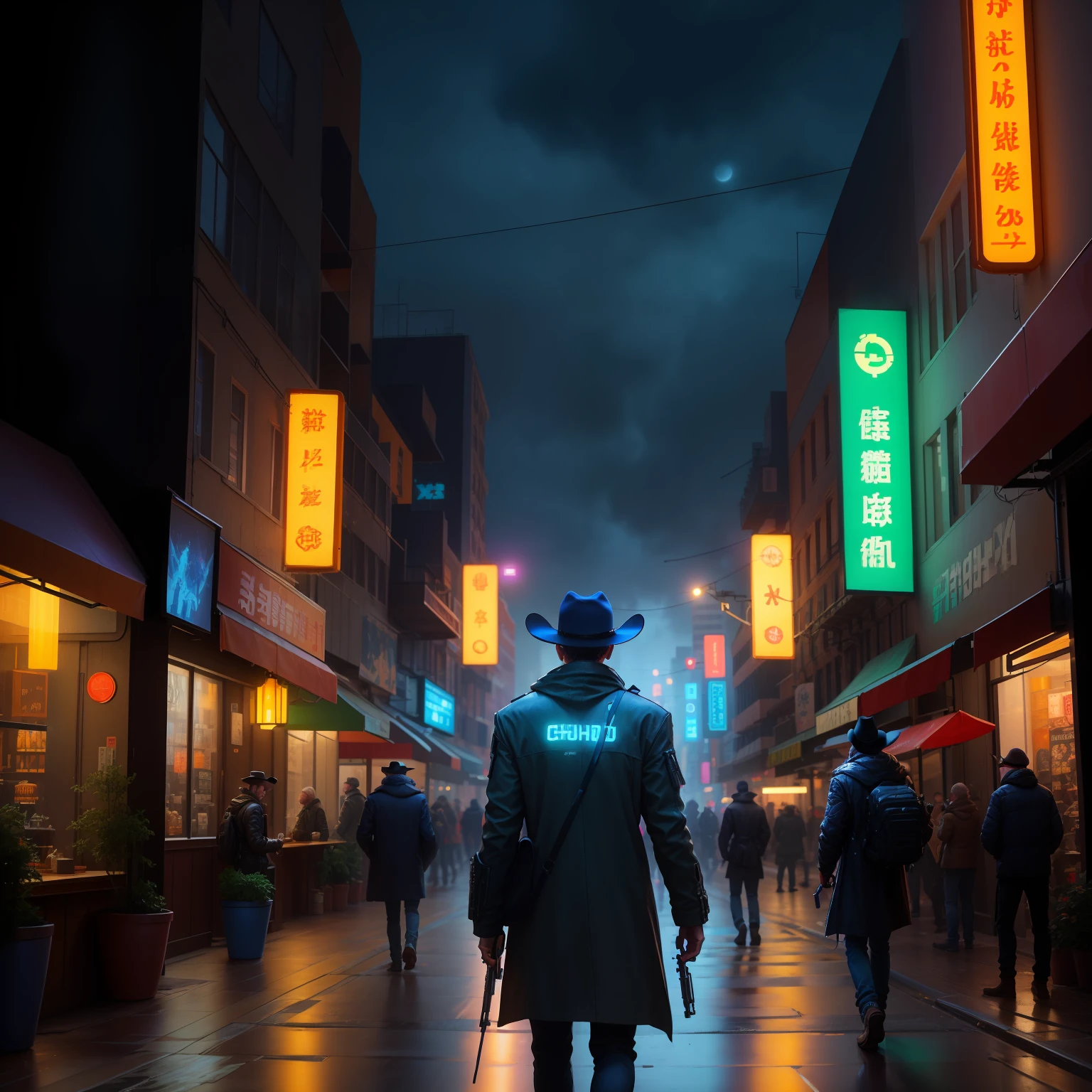 Cyberpunk world，the night，In gray and dark tones, It shows a strong atmosphere。The scene is in the lively downtown，Old cowboy with a revolver in his hand，Exudes an inviolable spirit。