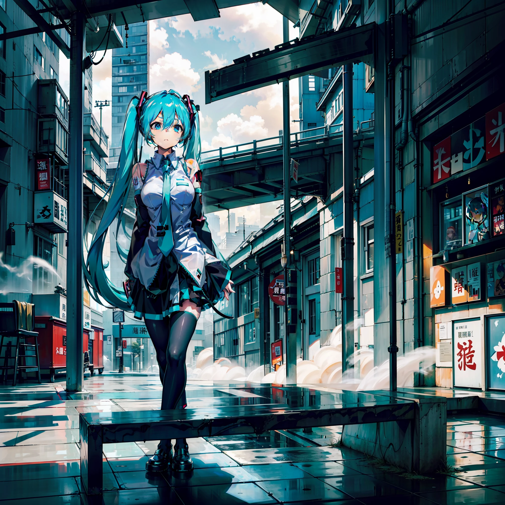 Big breasts Hatsune Miku,Double tail,Green hair,bare shoulders,a black skirt,black sleeve,Separate the sleeves,Cyan shirt,hair adornments,after rainny,fog atmosphere,超高分辨率,Dimly lit,城市,2D style,Special light and shadow,Poor milk