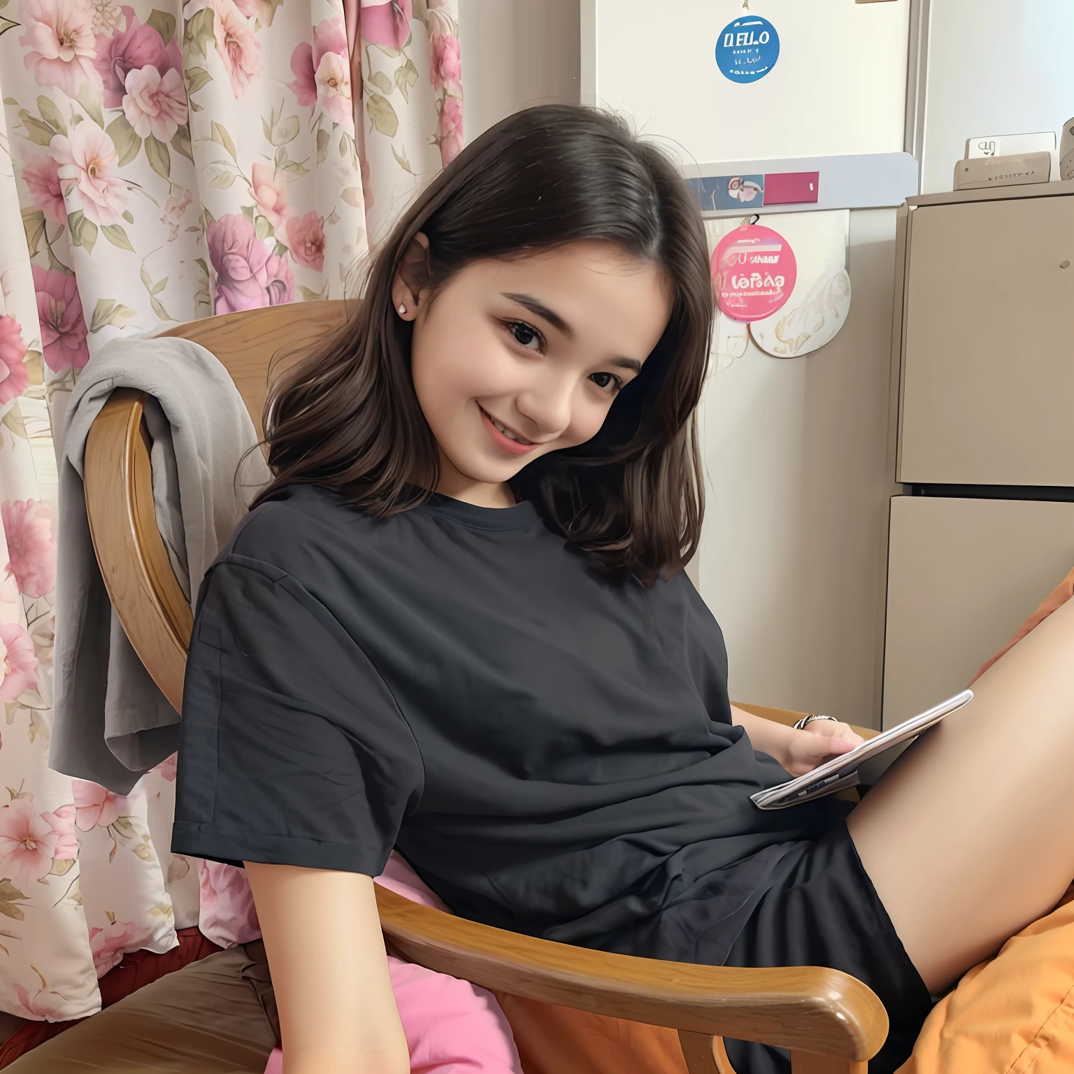 There is a woman sitting on a chair，legs crossed, 19-year-old girl, sitting in bedroom, sit on a bed, relaxed poses, Sitting on the bed, sitting in her room, young and cute girl, , she is about 20 years old, With a smile