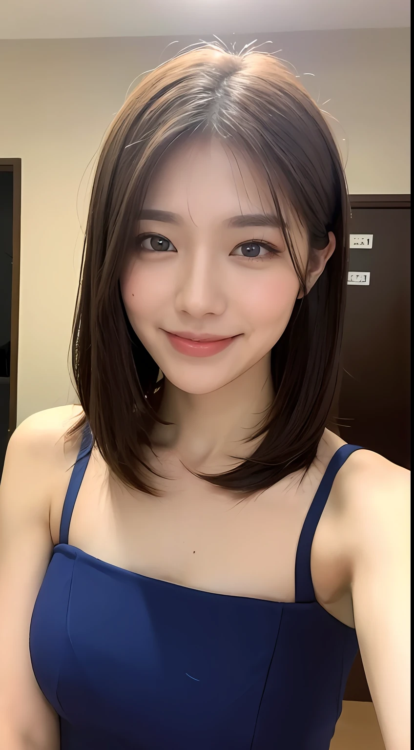 ((Best Quality, 8K, Masterpiece: 1.3)), 1 Girl, Slim Abs Beauty: 1.3, (Hairstyle Brown Hair Shortcut, Big: 1.2), Dress: 1.1, Super Slender Face, Delicate Eyes, Double Eyelids, Smile, Home, Raw Photo