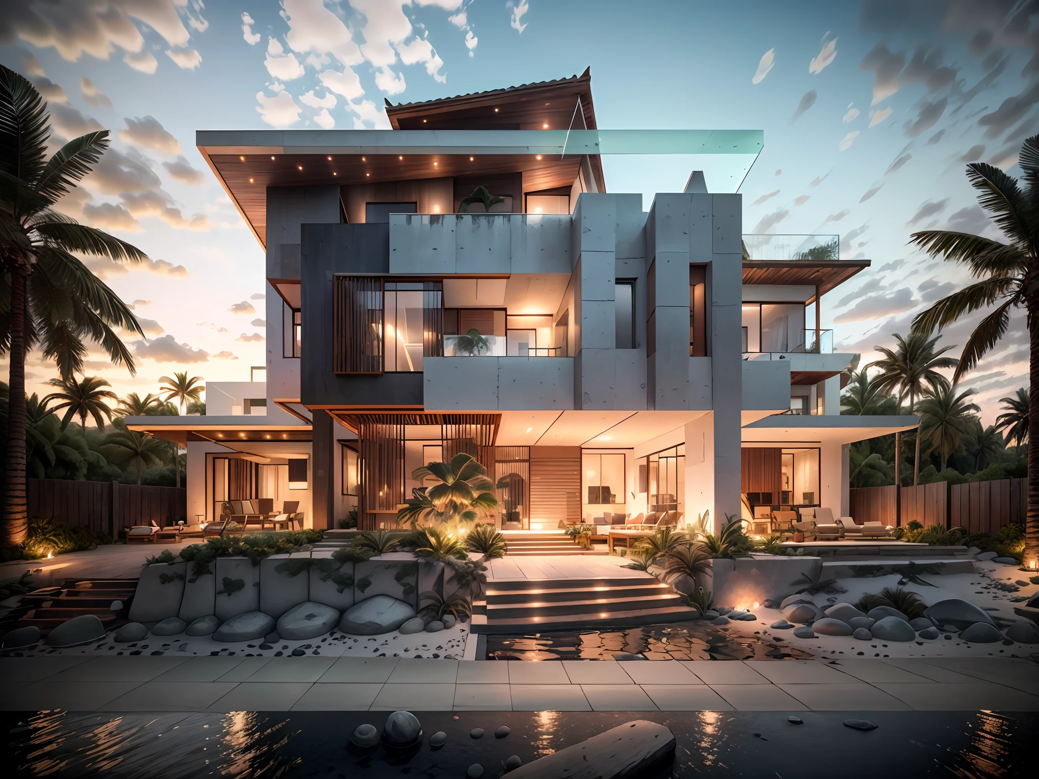 Boho house, luxury beach front Caribbean villa, glass house with a sloping roof, modern, dynamic (RAW photo, real, best quality, masterpiece:1.2), (hyper realistic, photo-realistic:1.2), high quality, (dark lighting:1.2), perfect lighting, archdaily