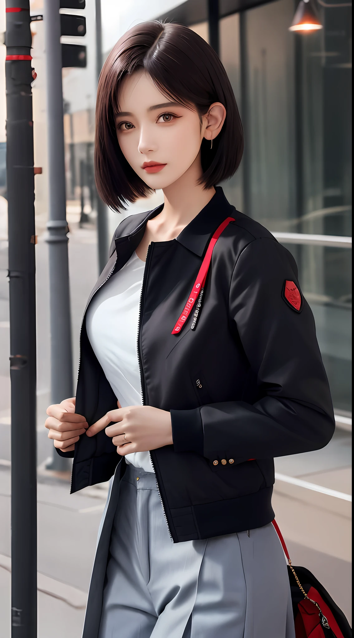 best qualtiy, tmasterpiece, 1girll, beauitful face, (photograph realistic:1.3), edge lit, (highdetailskin:1.2), 8K UHD, digital SLR camera, high high quality, A high resolution, 4K, 8K, Bokeh, absurderes, Optimal proportions of four fingers and one thumb, (realisticlying:1.3), Cute 1girl, Wear a uniform jacket, mediuml breasts,short detailed hair